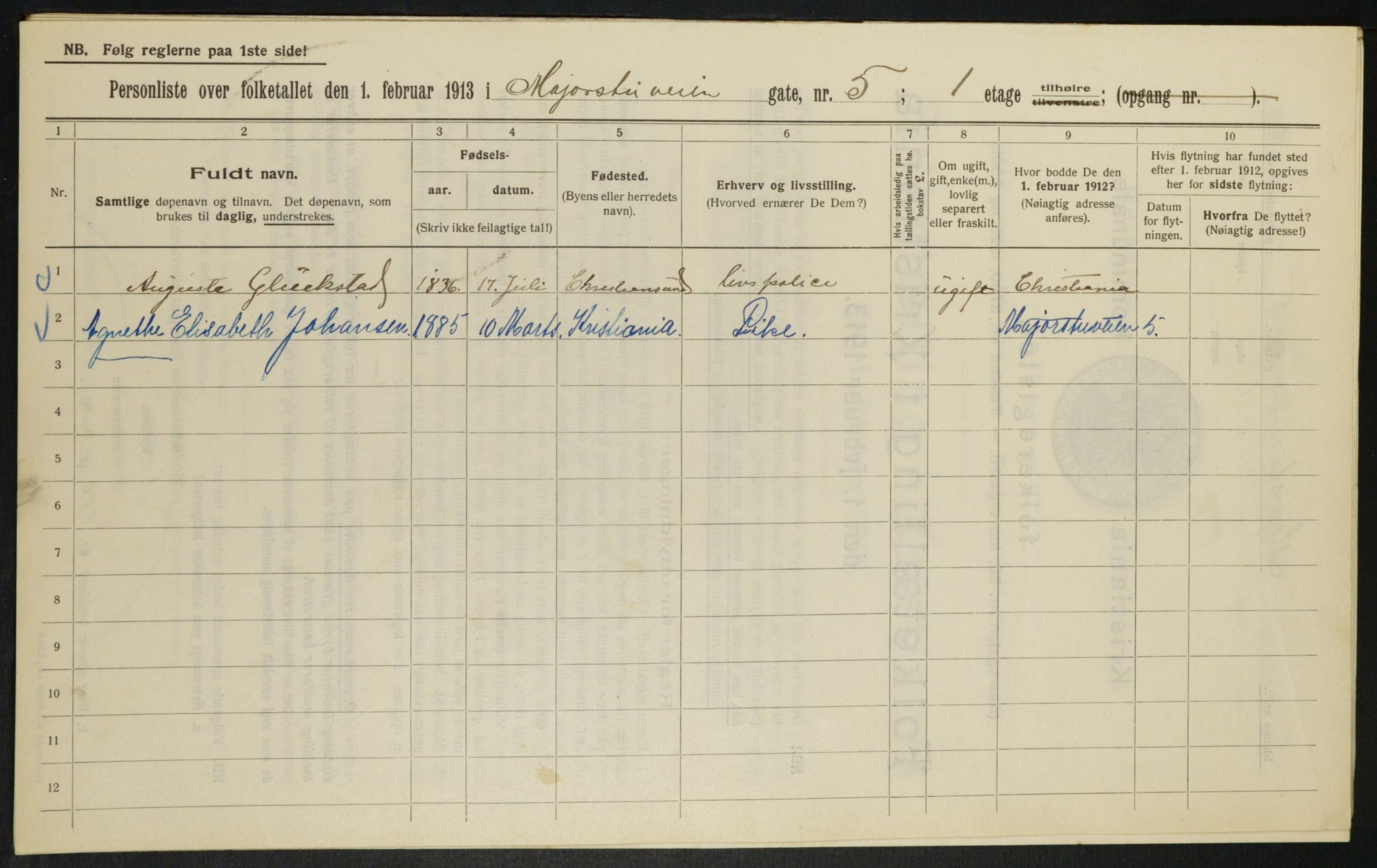 OBA, Municipal Census 1913 for Kristiania, 1913, p. 59413