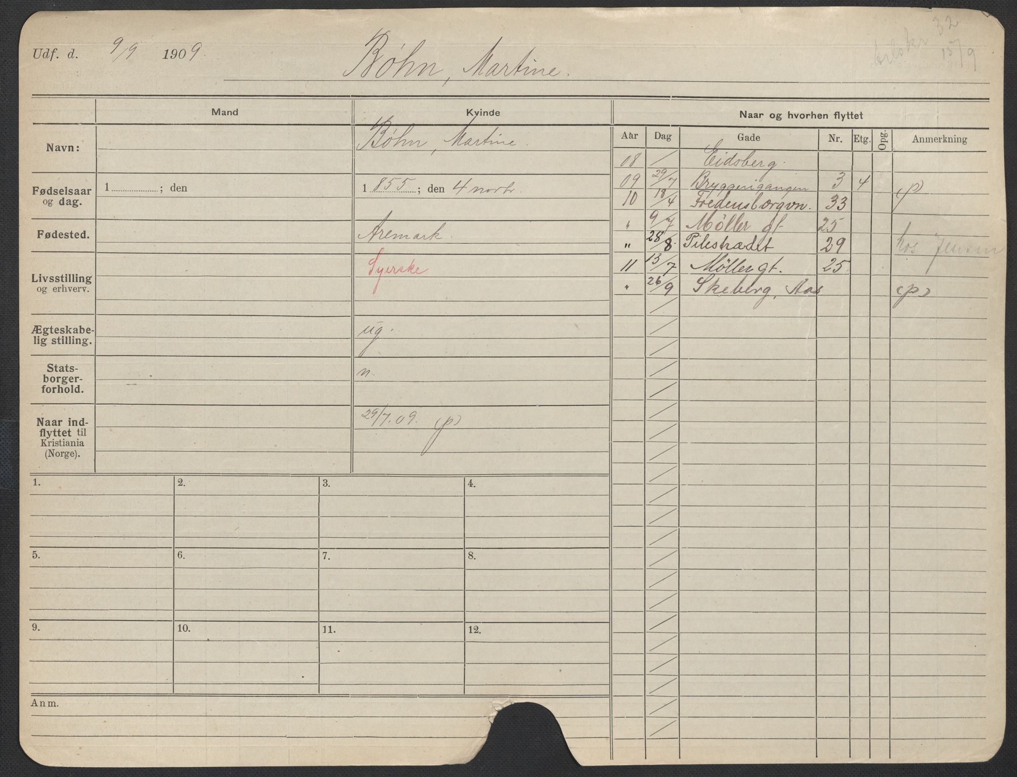 Oslo folkeregister, Registerkort, AV/SAO-A-11715/F/Fa/Fac/L0013: Kvinner, 1906-1914, p. 1029a