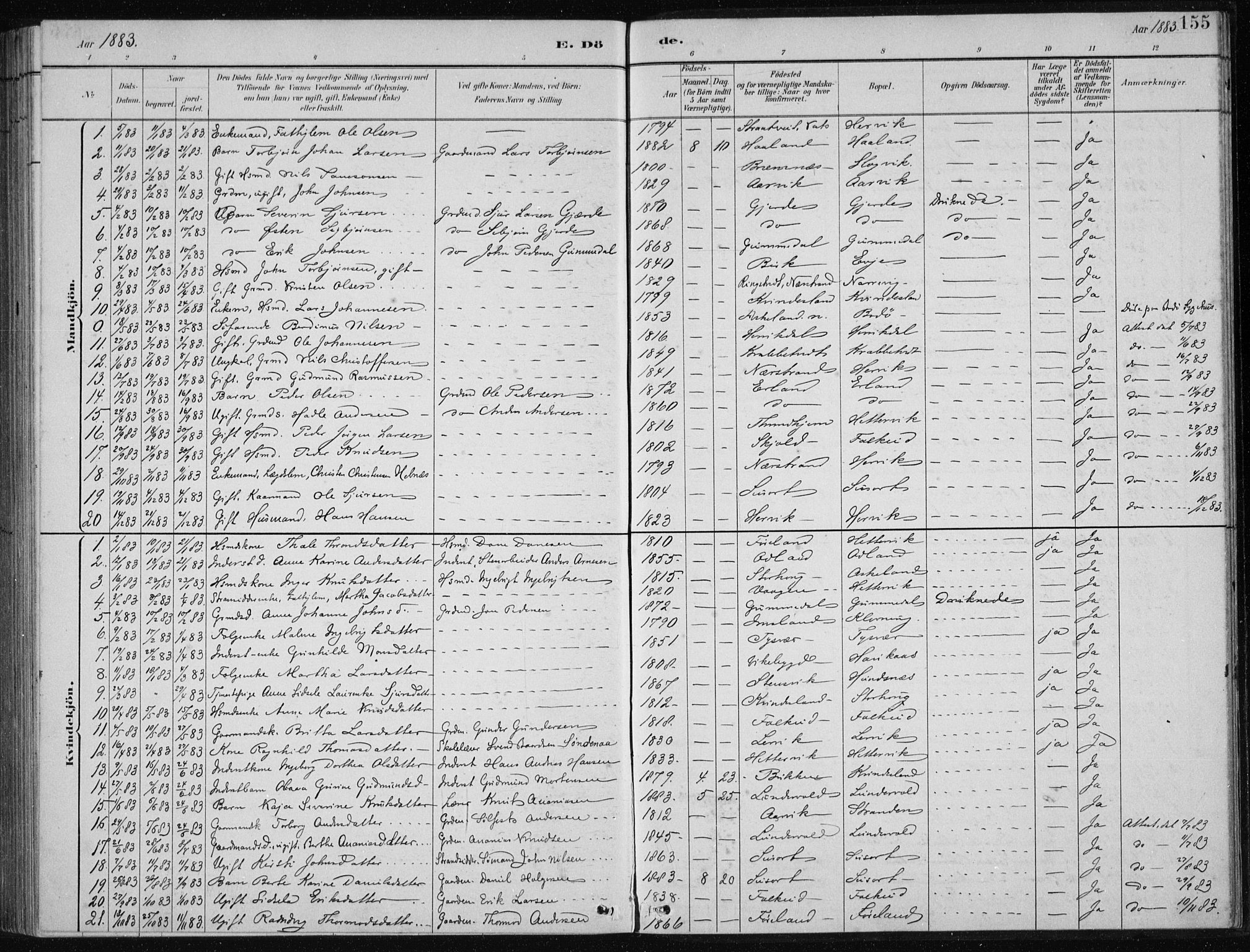 Tysvær sokneprestkontor, SAST/A -101864/H/Ha/Hab/L0004: Parish register (copy) no. B 4, 1883-1896, p. 155