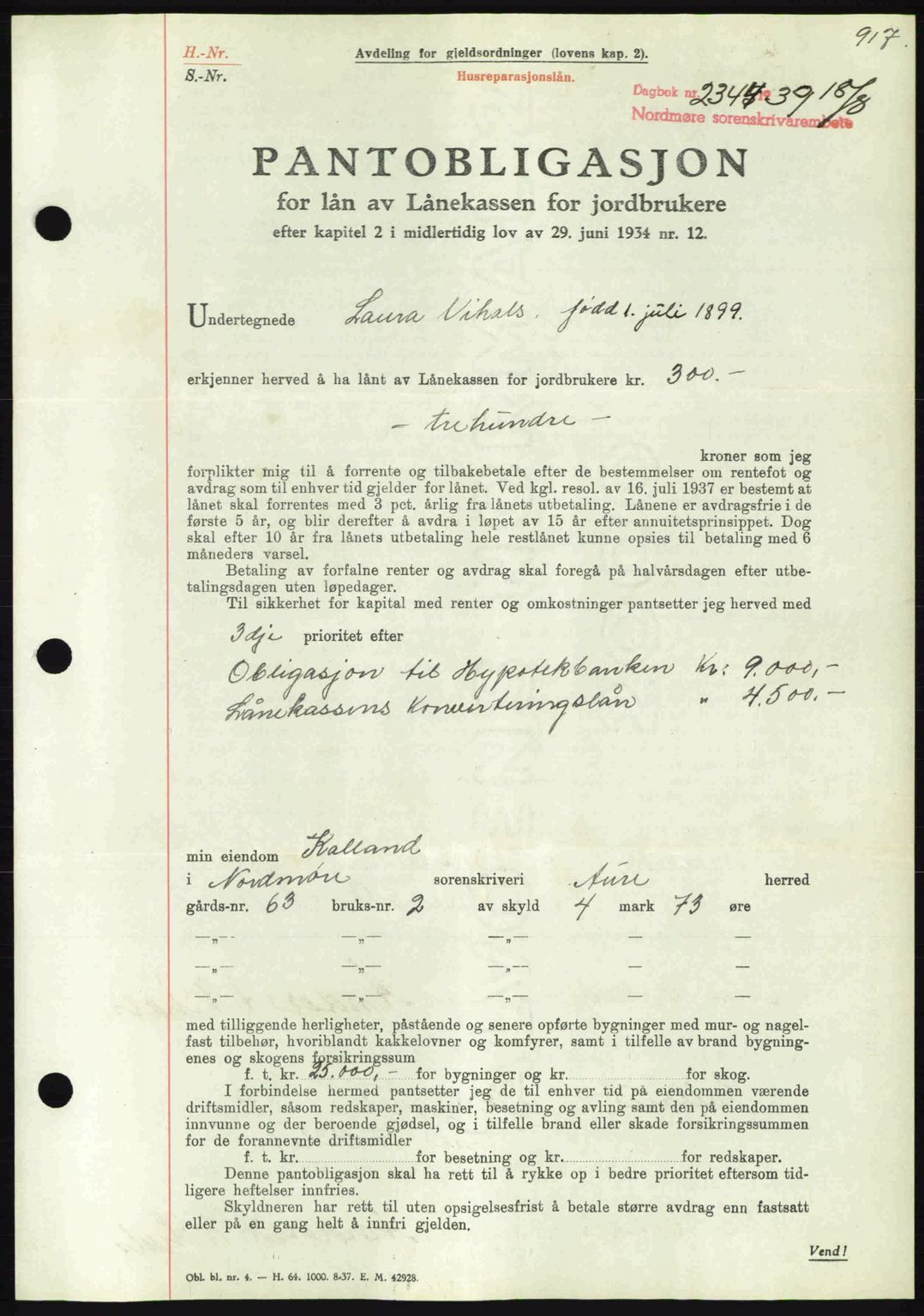 Nordmøre sorenskriveri, AV/SAT-A-4132/1/2/2Ca: Mortgage book no. B85, 1939-1939, Diary no: : 2344/1939