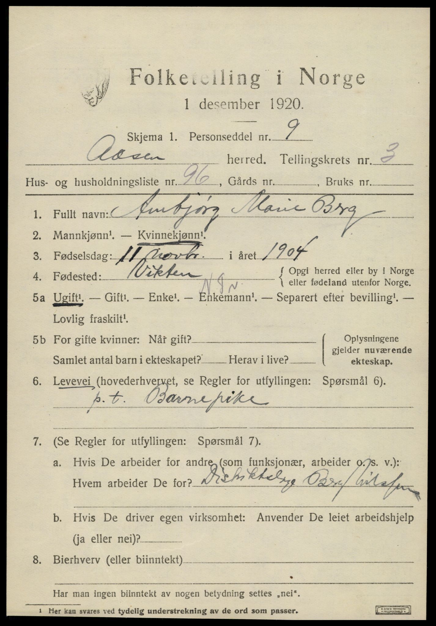 SAT, 1920 census for Åsen, 1920, p. 3126