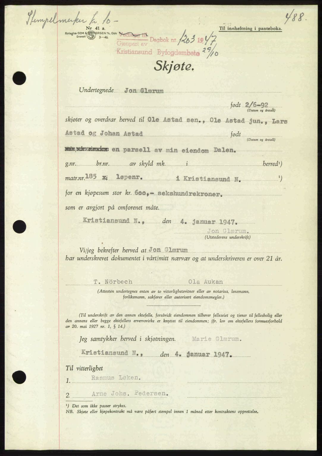 Kristiansund byfogd, AV/SAT-A-4587/A/27: Mortgage book no. 39b, 1946-1947, Diary no: : 1203/1947