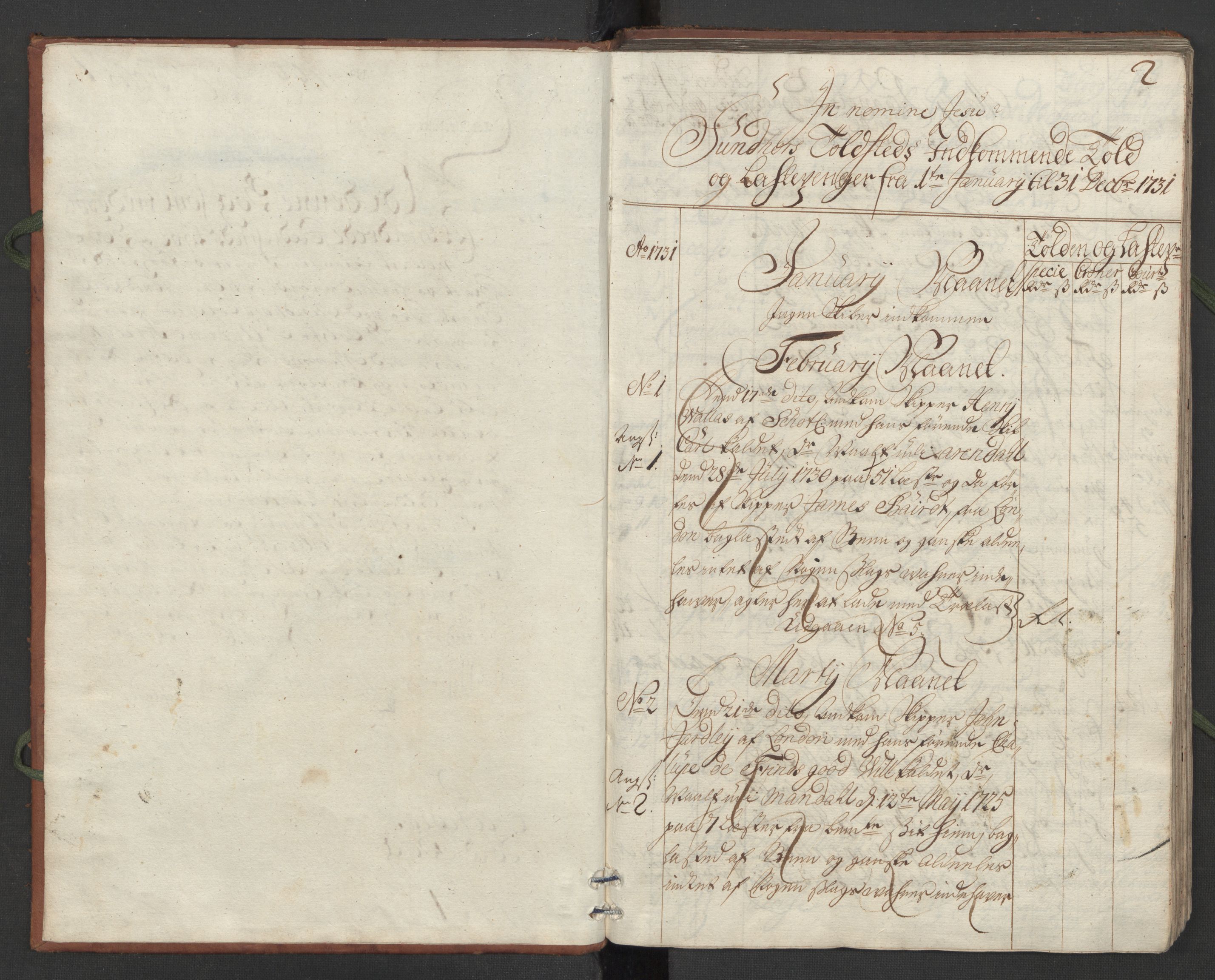 Generaltollkammeret, tollregnskaper, AV/RA-EA-5490/R24/L0008/0001: Tollregnskaper Sunnhordland / Hovedtollbok, 1731, p. 1b-2a