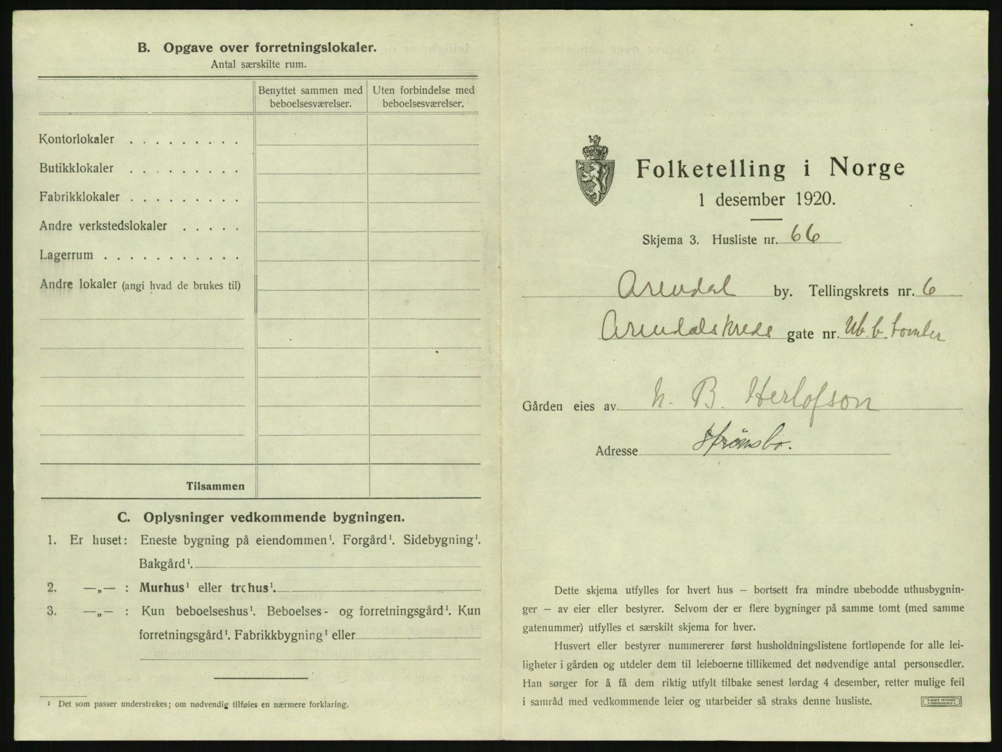 SAK, 1920 census for Arendal, 1920, p. 846