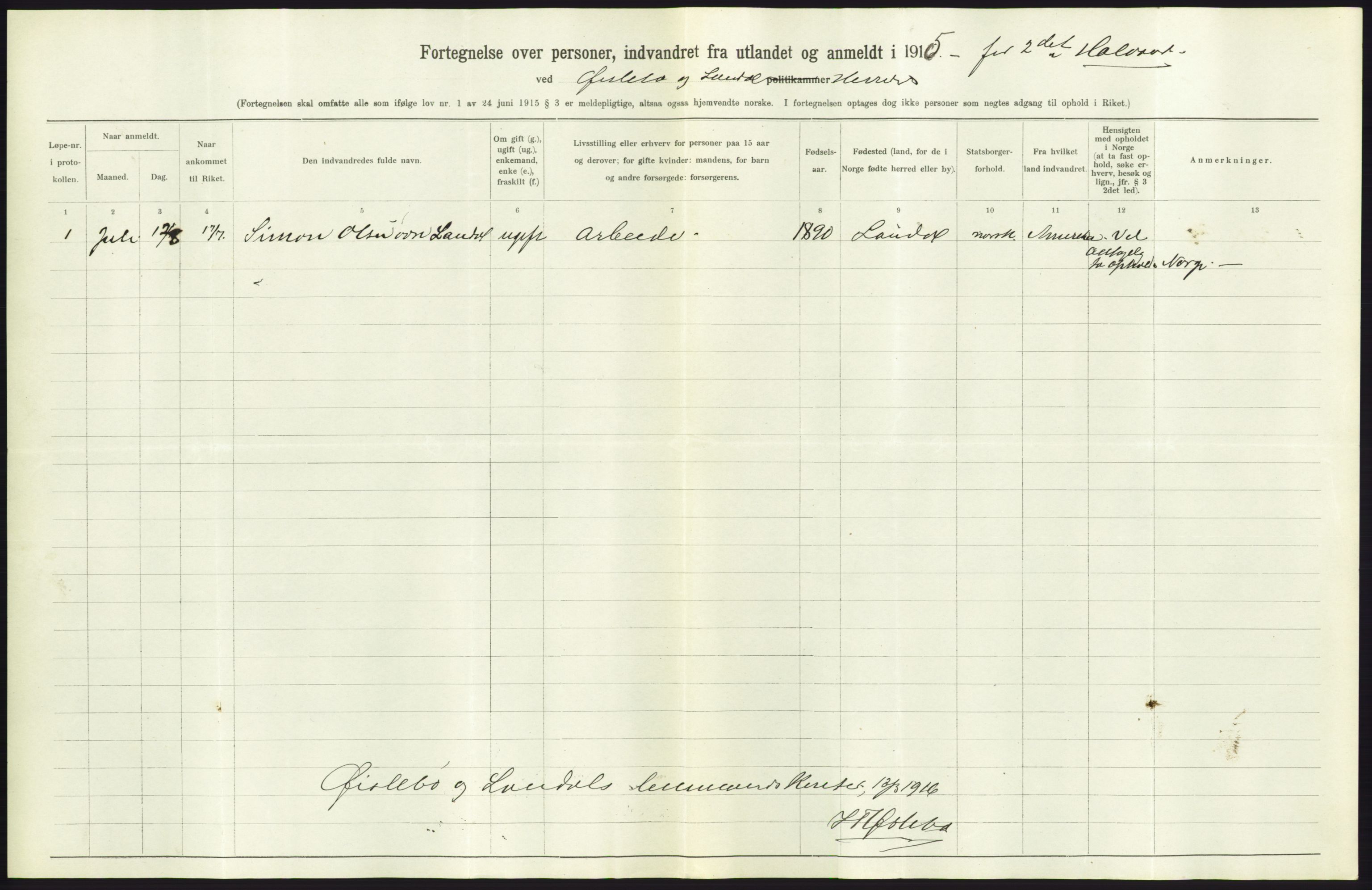 Statistisk sentralbyrå, Sosioøkonomiske emner, Folketellinger, boliger og boforhold, AV/RA-S-2231/F/Fa/L0001: Innvandring. Navn/fylkesvis, 1915, p. 346