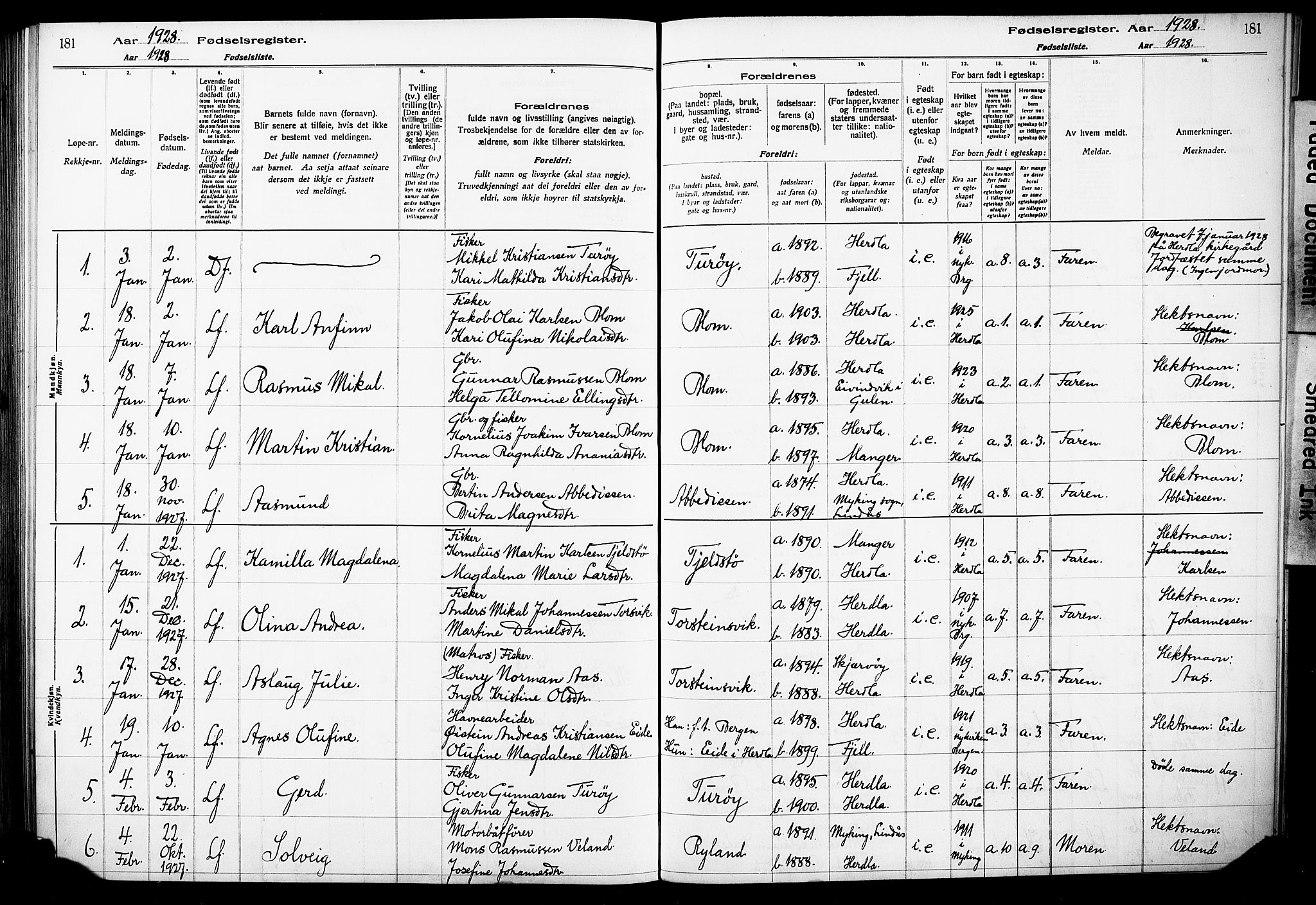 Herdla Sokneprestembete, SAB/A-75701/I/Id/L00A1: Birth register no. A 1, 1916-1929, p. 181