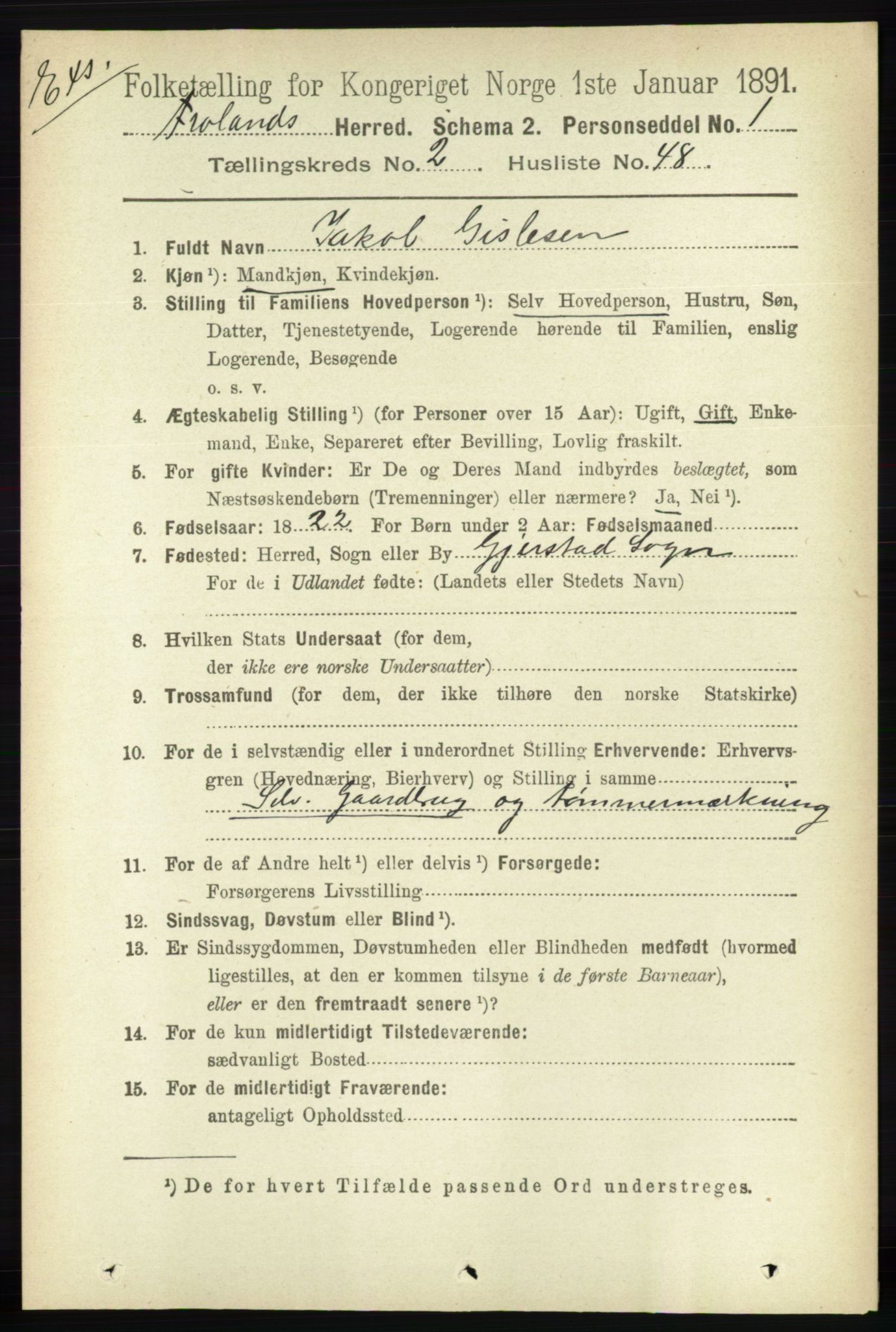 RA, Census 1891 for Nedenes amt: Gjenparter av personsedler for beslektede ektefeller, menn, 1891, p. 434