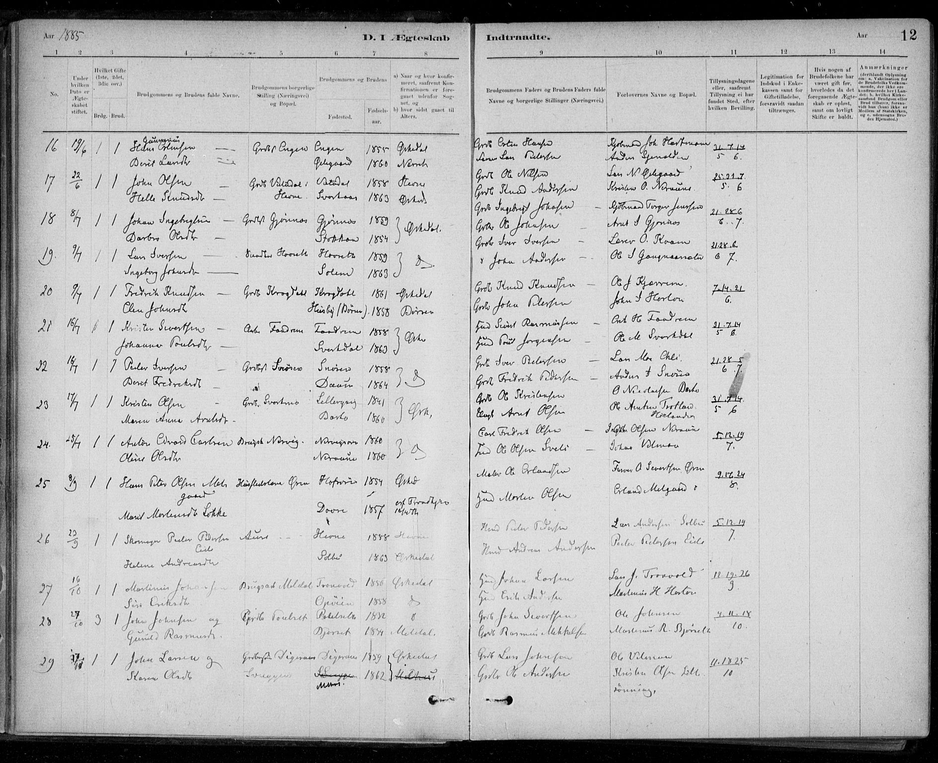 Ministerialprotokoller, klokkerbøker og fødselsregistre - Sør-Trøndelag, AV/SAT-A-1456/668/L0810: Parish register (official) no. 668A10, 1881-1894, p. 12