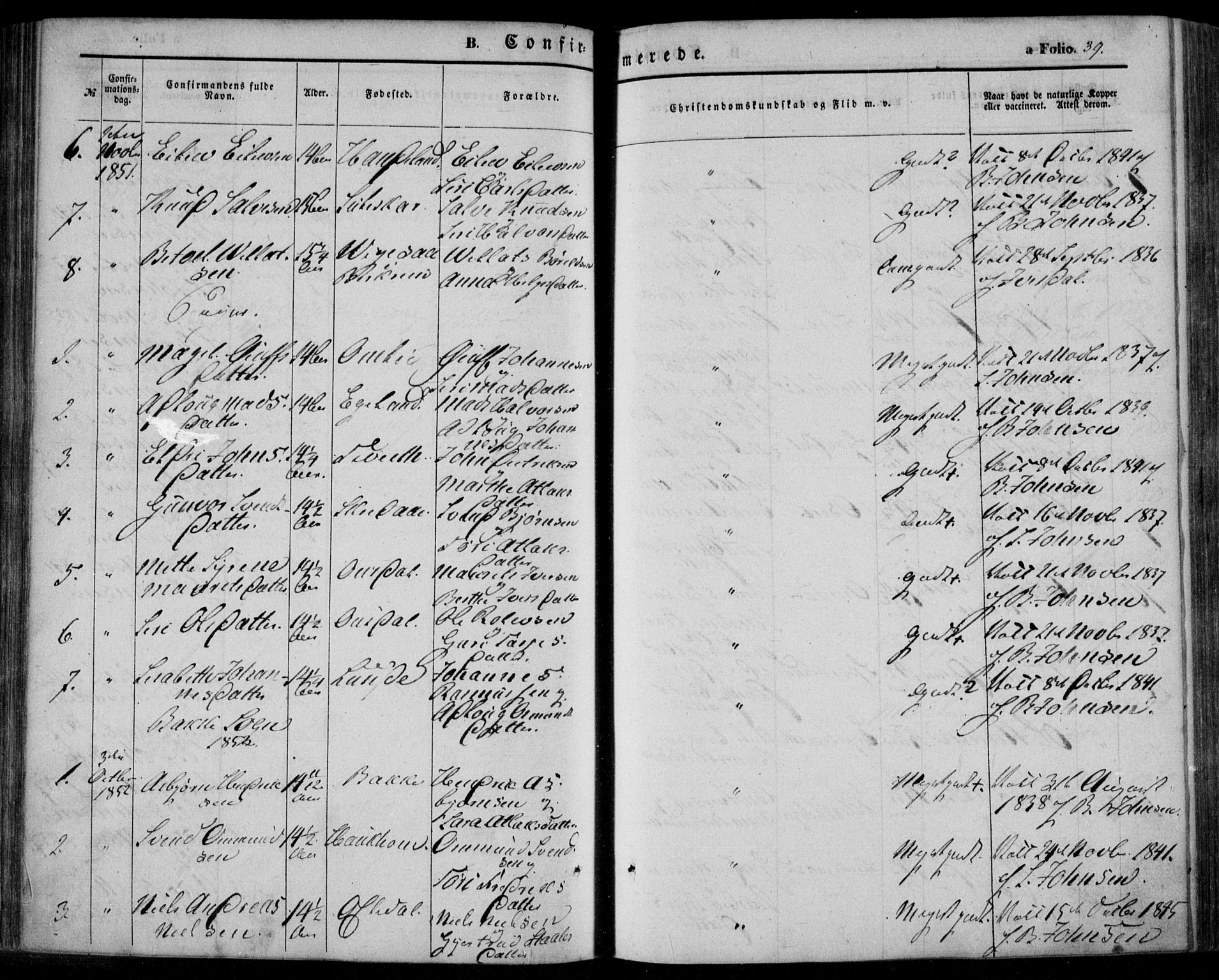 Bakke sokneprestkontor, SAK/1111-0002/F/Fa/Faa/L0005: Parish register (official) no. A 5, 1847-1855, p. 39