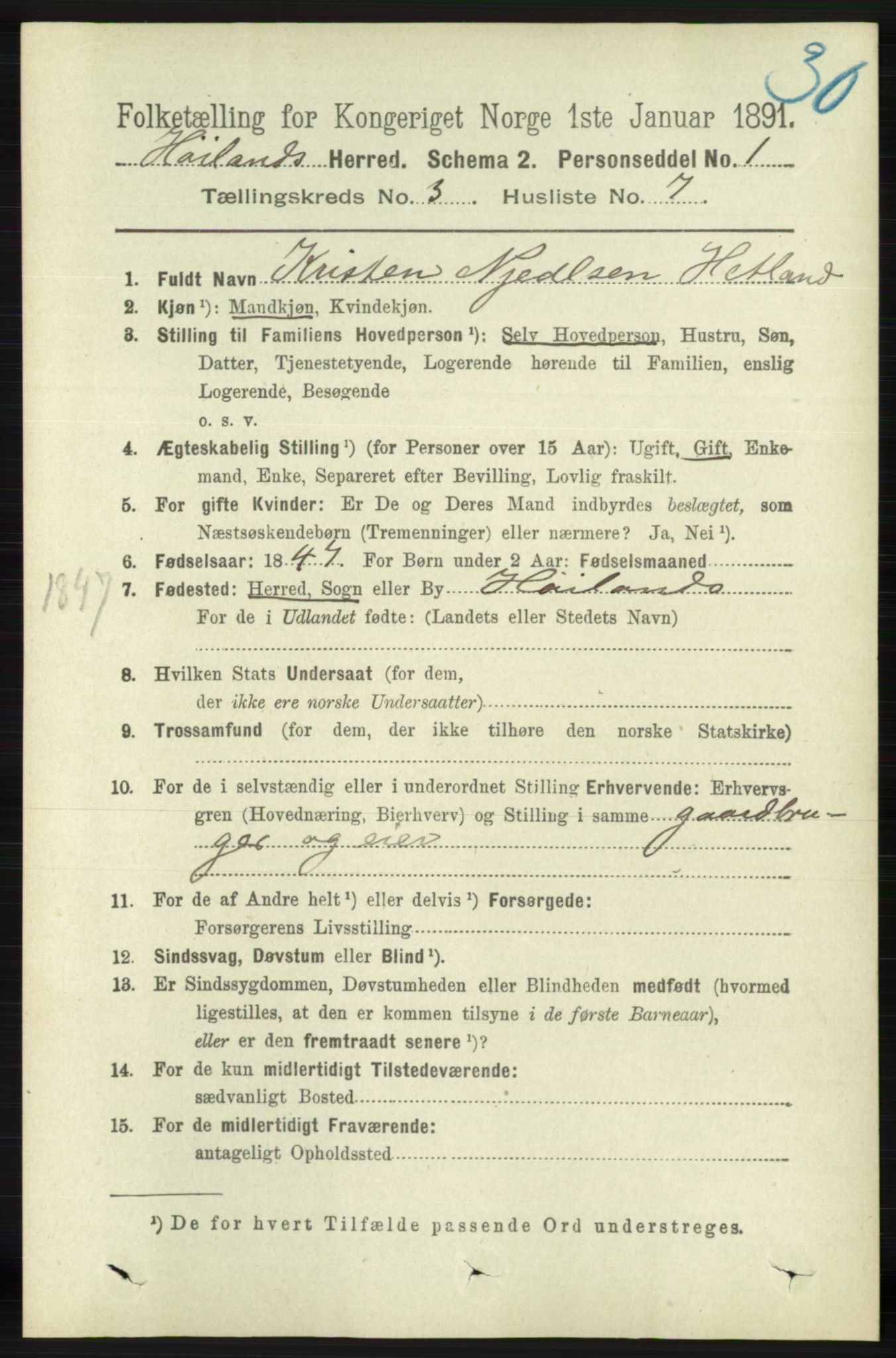 RA, 1891 census for 1123 Høyland, 1891, p. 723