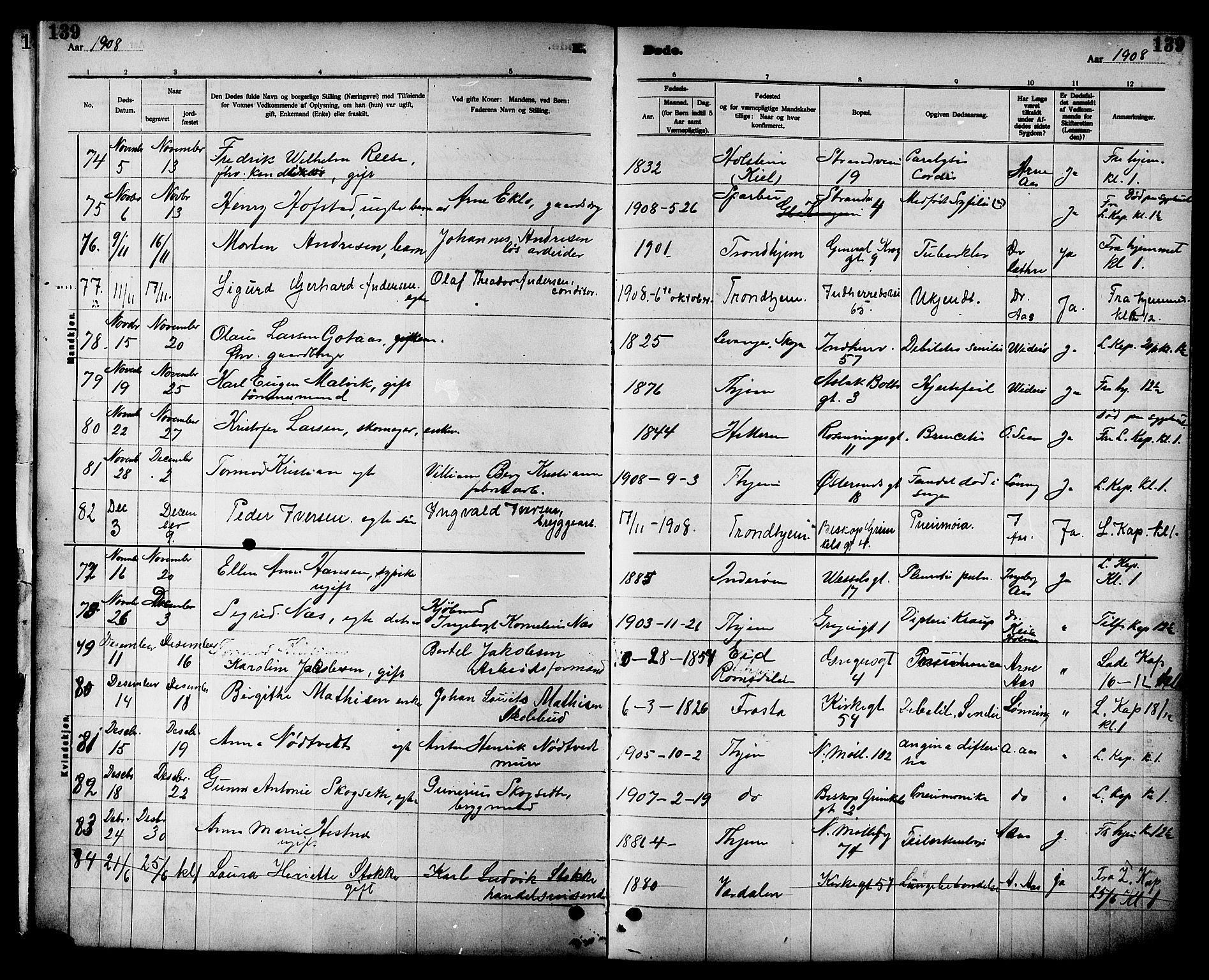 Ministerialprotokoller, klokkerbøker og fødselsregistre - Sør-Trøndelag, SAT/A-1456/605/L0255: Parish register (copy) no. 605C02, 1908-1918, p. 139