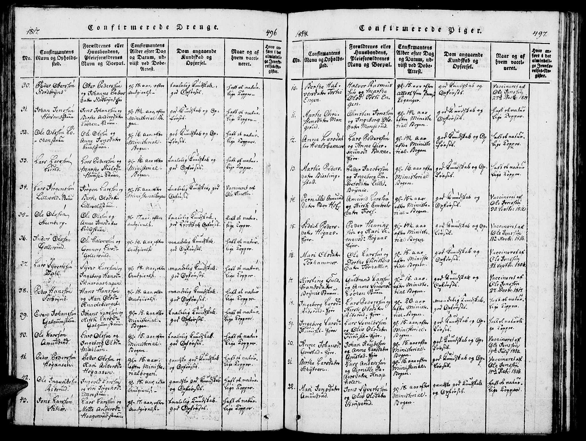 Romedal prestekontor, SAH/PREST-004/K/L0002: Parish register (official) no. 2, 1814-1828, p. 496-497