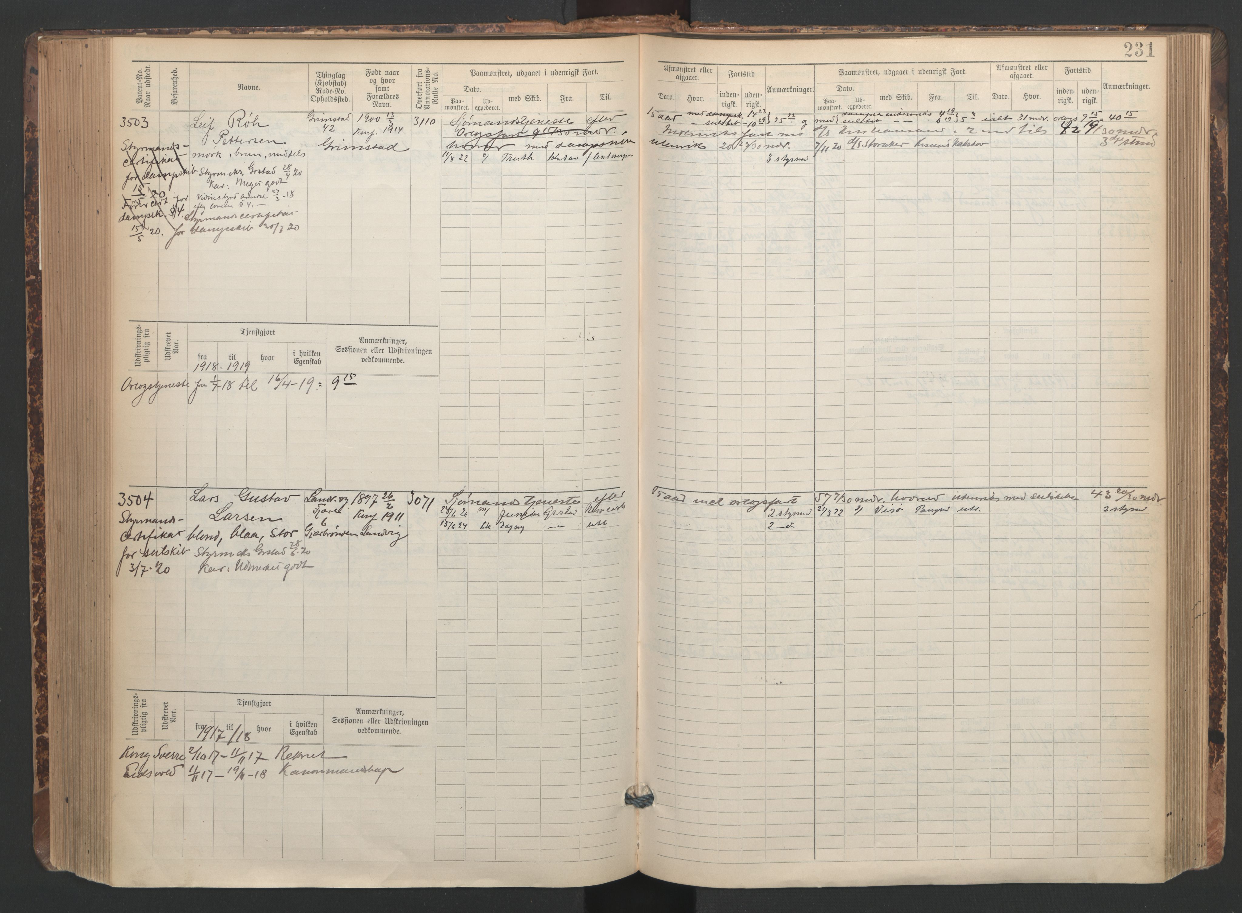 Grimstad mønstringskrets, AV/SAK-2031-0013/F/Fb/L0005: Hovedrulle A nr 3043-3804, F-8, 1900-1948, p. 234