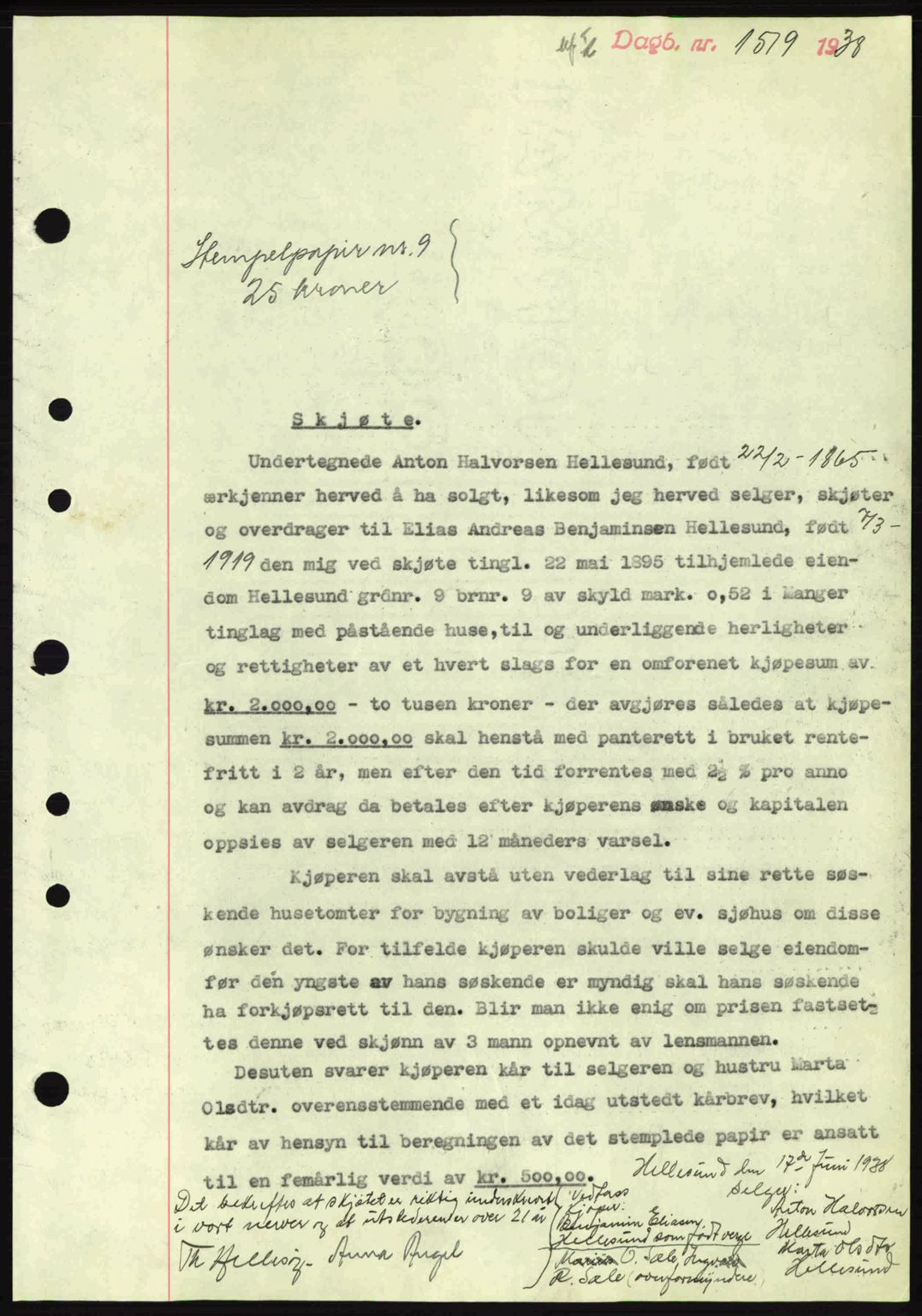 Nordhordland sorenskrivar, AV/SAB-A-2901/1/G/Gb/Gbf/L0006: Mortgage book no. A6, 1938-1938, Diary no: : 1519/1938