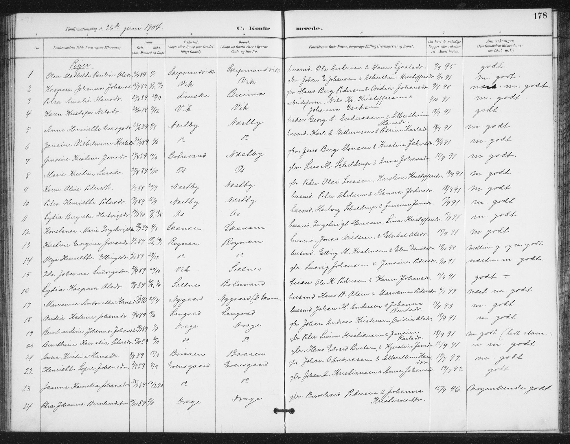 Ministerialprotokoller, klokkerbøker og fødselsregistre - Nordland, AV/SAT-A-1459/847/L0682: Parish register (copy) no. 847C10, 1889-1907, p. 178