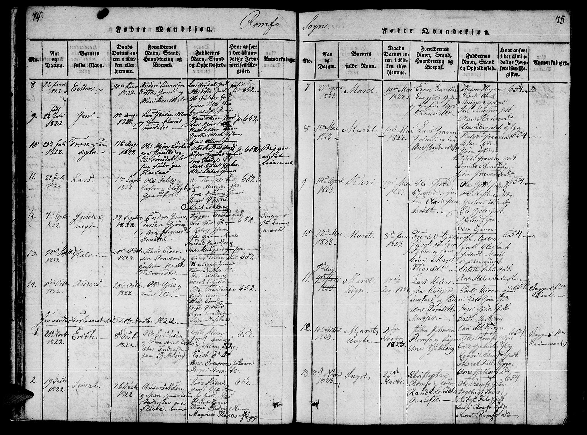 Ministerialprotokoller, klokkerbøker og fødselsregistre - Møre og Romsdal, SAT/A-1454/590/L1010: Parish register (official) no. 590A03 /2, 1820-1832, p. 74-75
