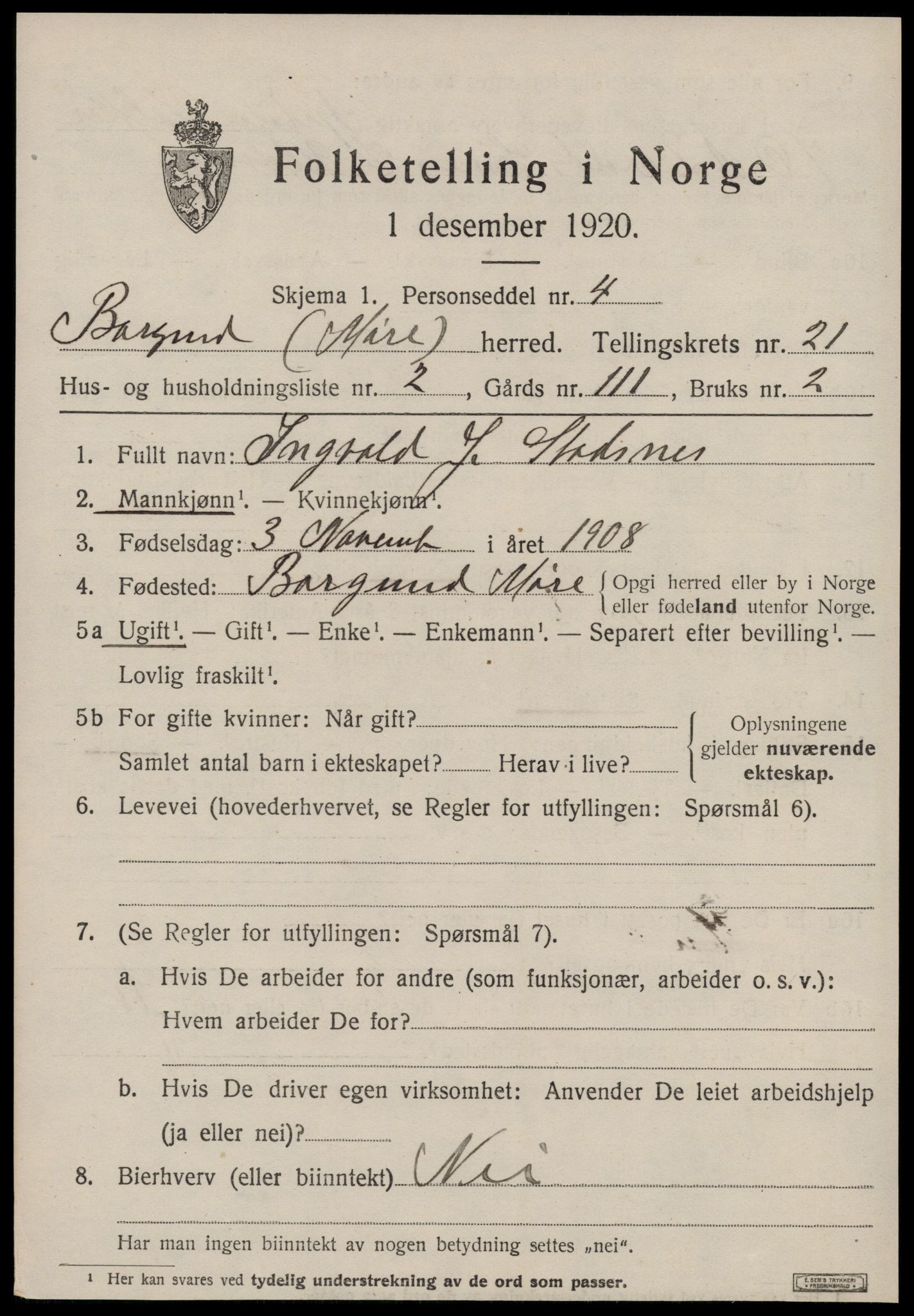 SAT, 1920 census for Borgund, 1920, p. 14314