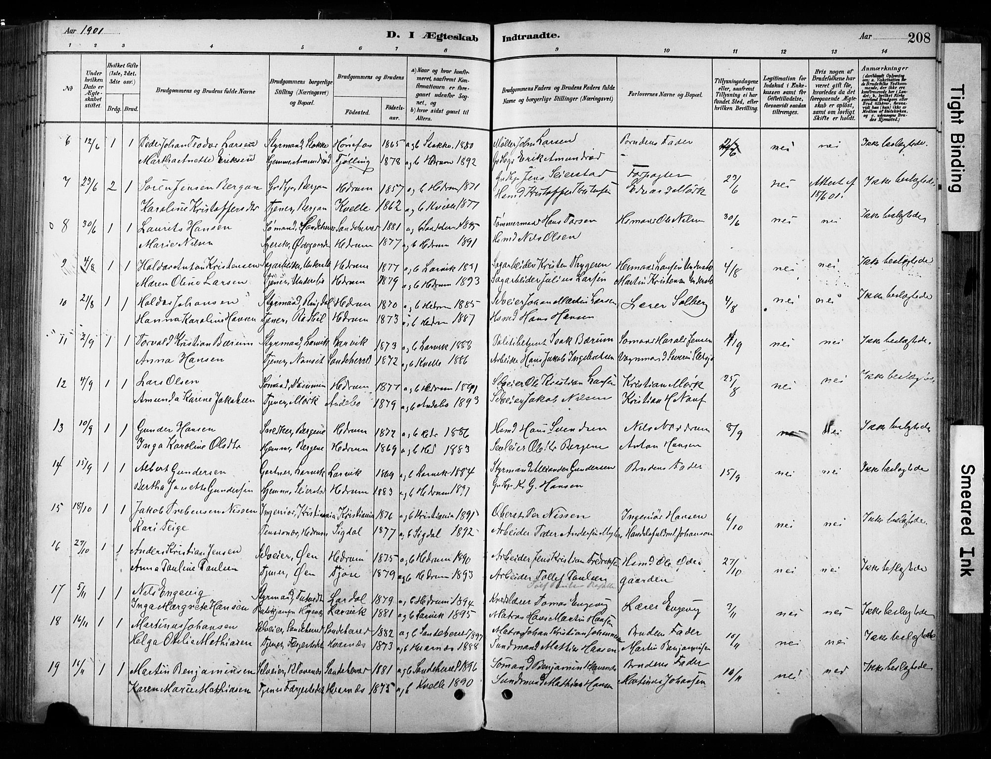 Hedrum kirkebøker, AV/SAKO-A-344/F/Fa/L0009: Parish register (official) no. I 9, 1881-1903, p. 208