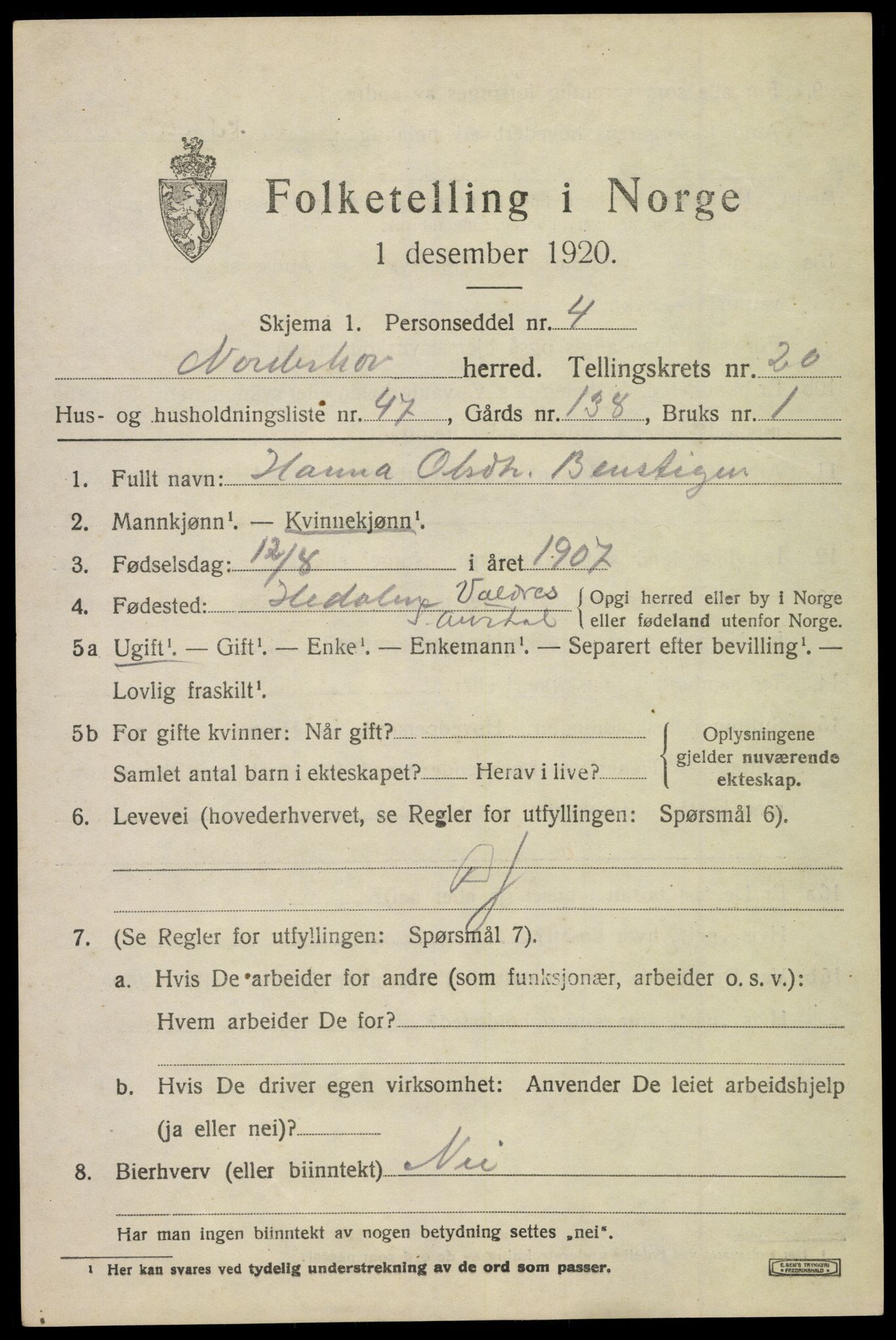 SAKO, 1920 census for Norderhov, 1920, p. 21884