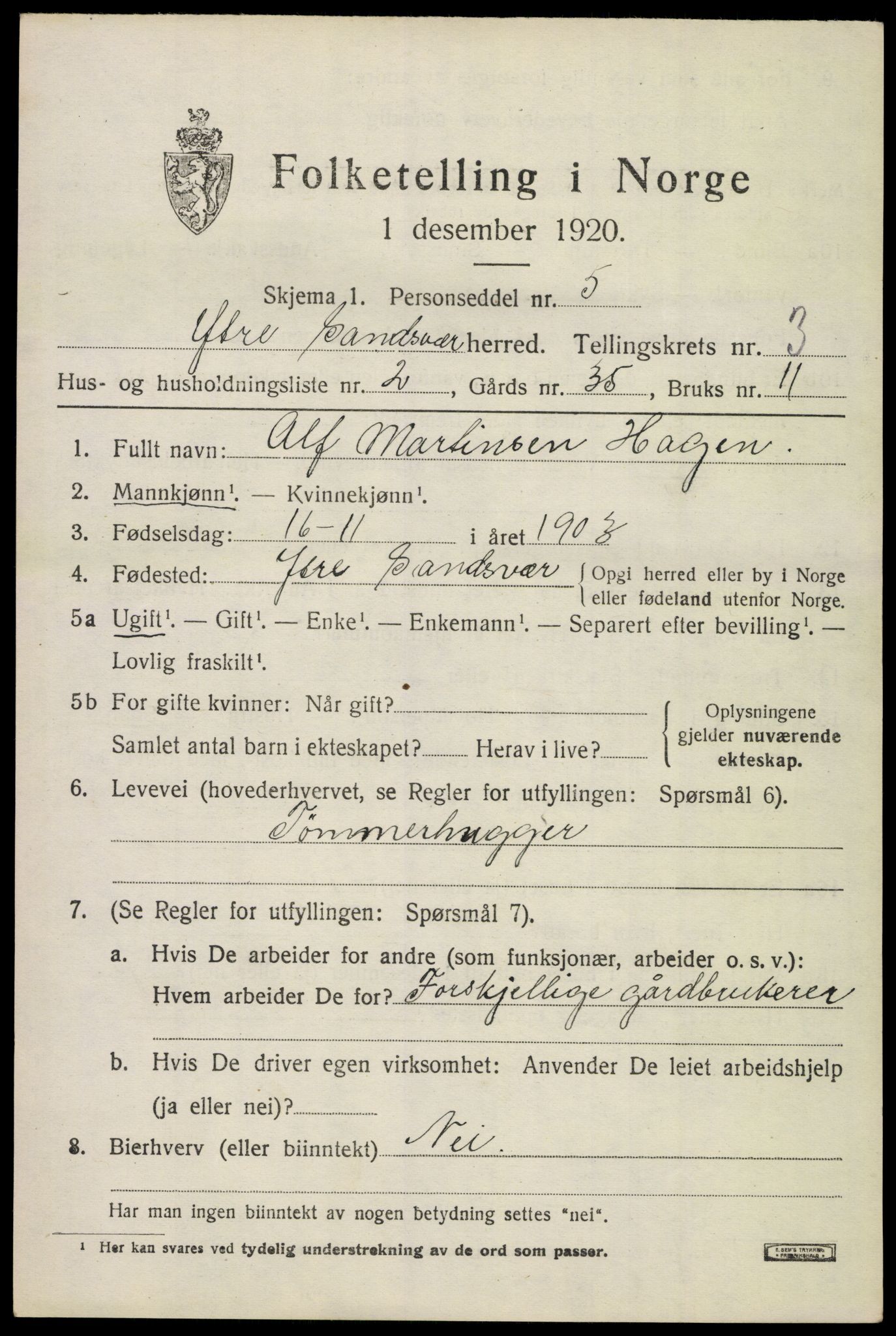 SAKO, 1920 census for Ytre Sandsvær, 1920, p. 3712