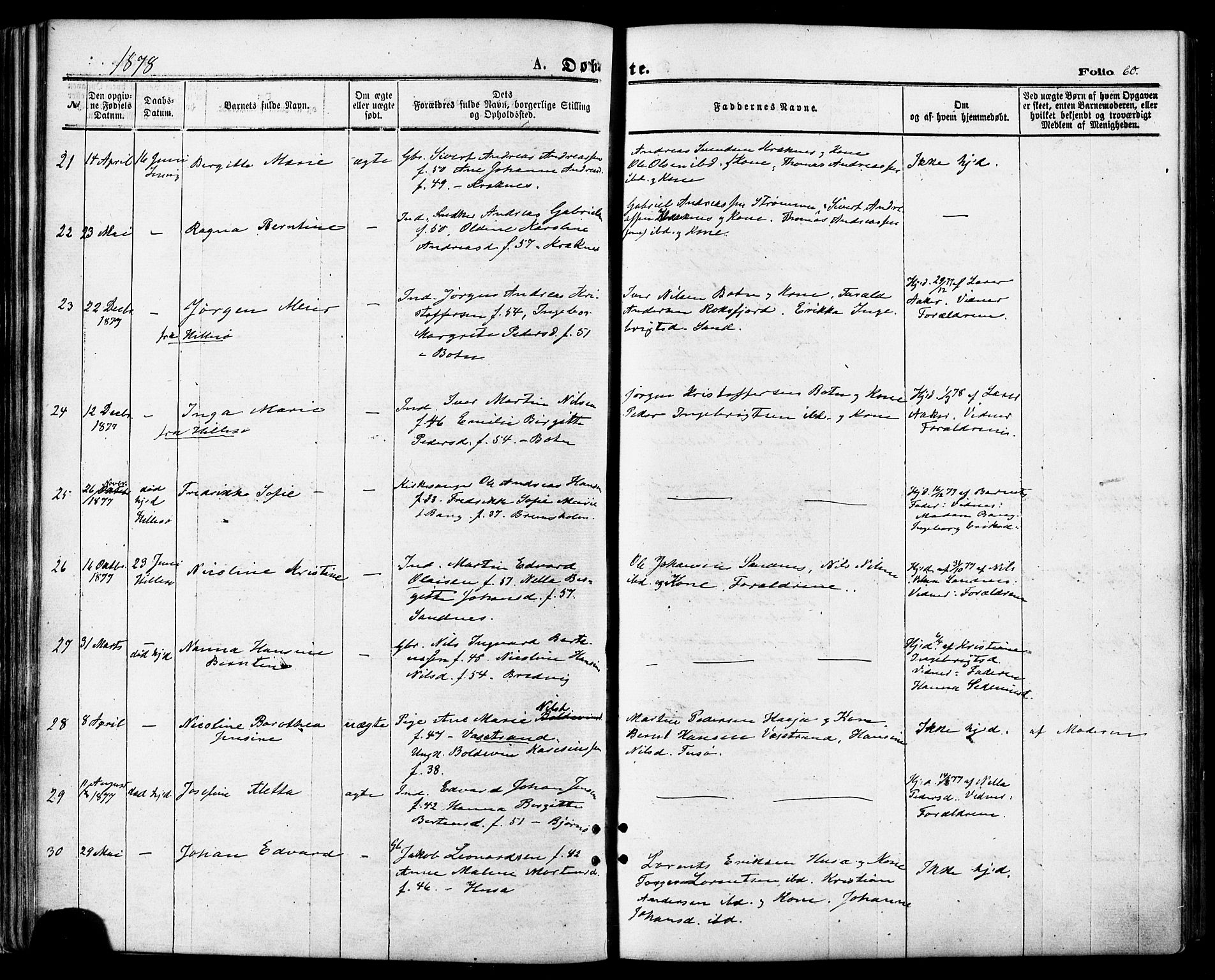 Lenvik sokneprestembete, AV/SATØ-S-1310/H/Ha/Haa/L0010kirke: Parish register (official) no. 10, 1873-1880, p. 60