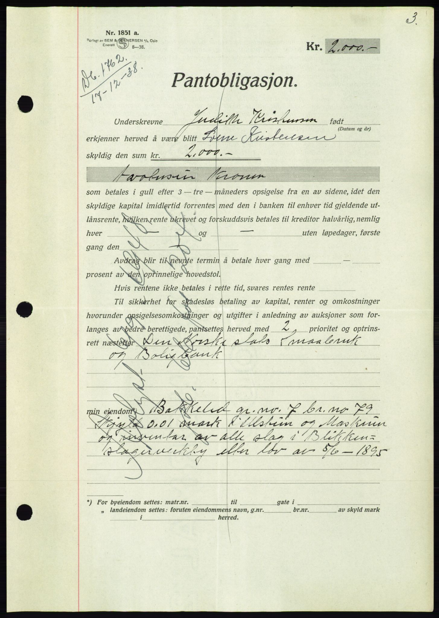 Søre Sunnmøre sorenskriveri, AV/SAT-A-4122/1/2/2C/L0067: Mortgage book no. 61, 1938-1939, Diary no: : 1762/1938