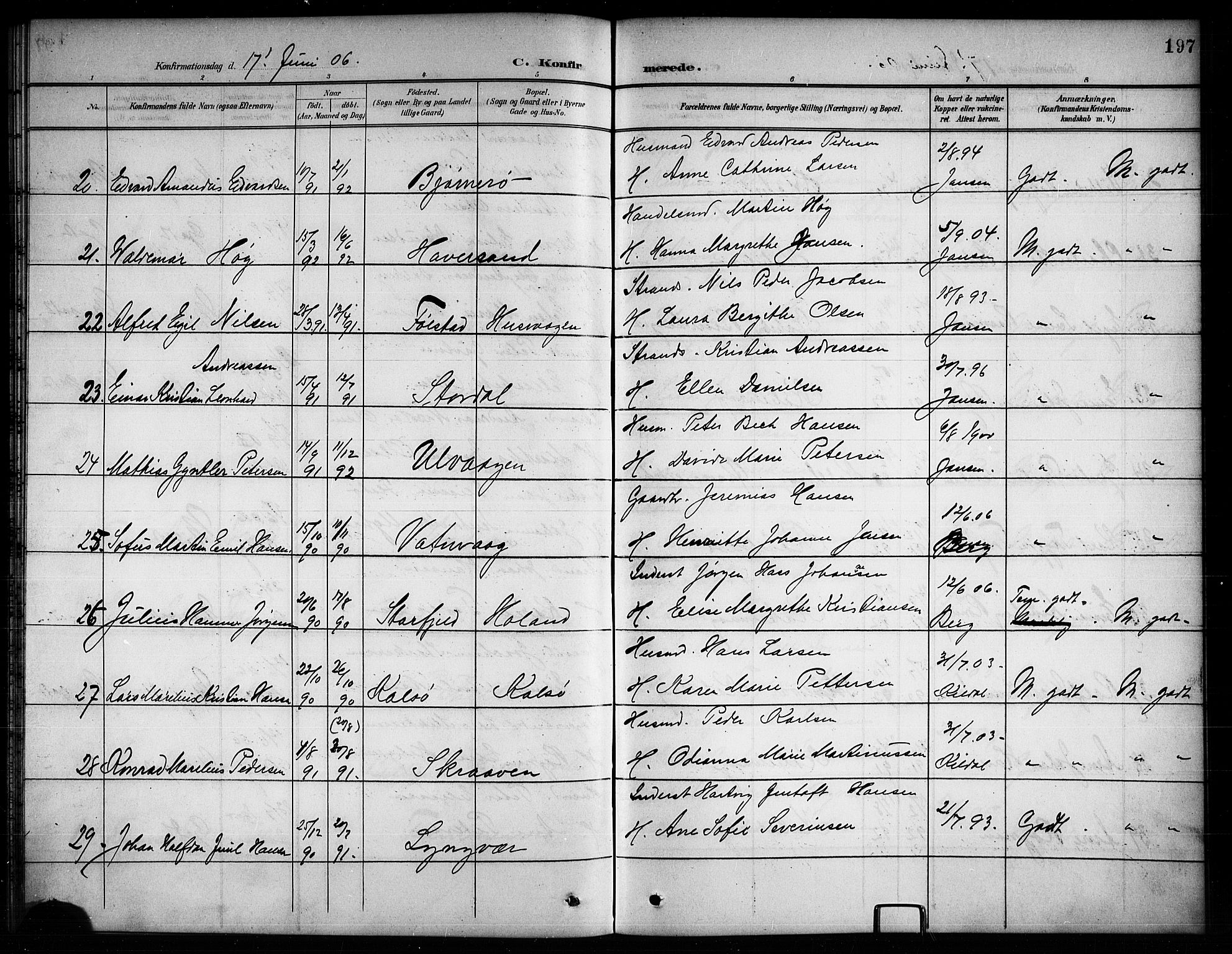 Ministerialprotokoller, klokkerbøker og fødselsregistre - Nordland, AV/SAT-A-1459/874/L1078: Parish register (copy) no. 874C07, 1900-1907, p. 197