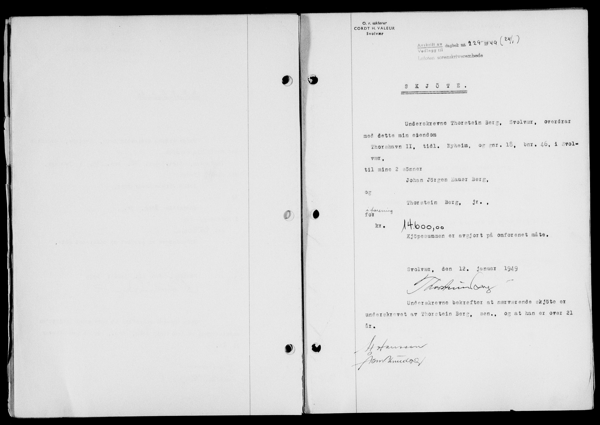 Lofoten sorenskriveri, SAT/A-0017/1/2/2C/L0020a: Mortgage book no. 20a, 1948-1949, Diary no: : 229/1949