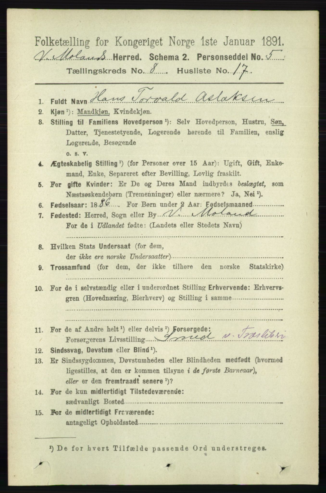 RA, 1891 census for 0926 Vestre Moland, 1891, p. 3111