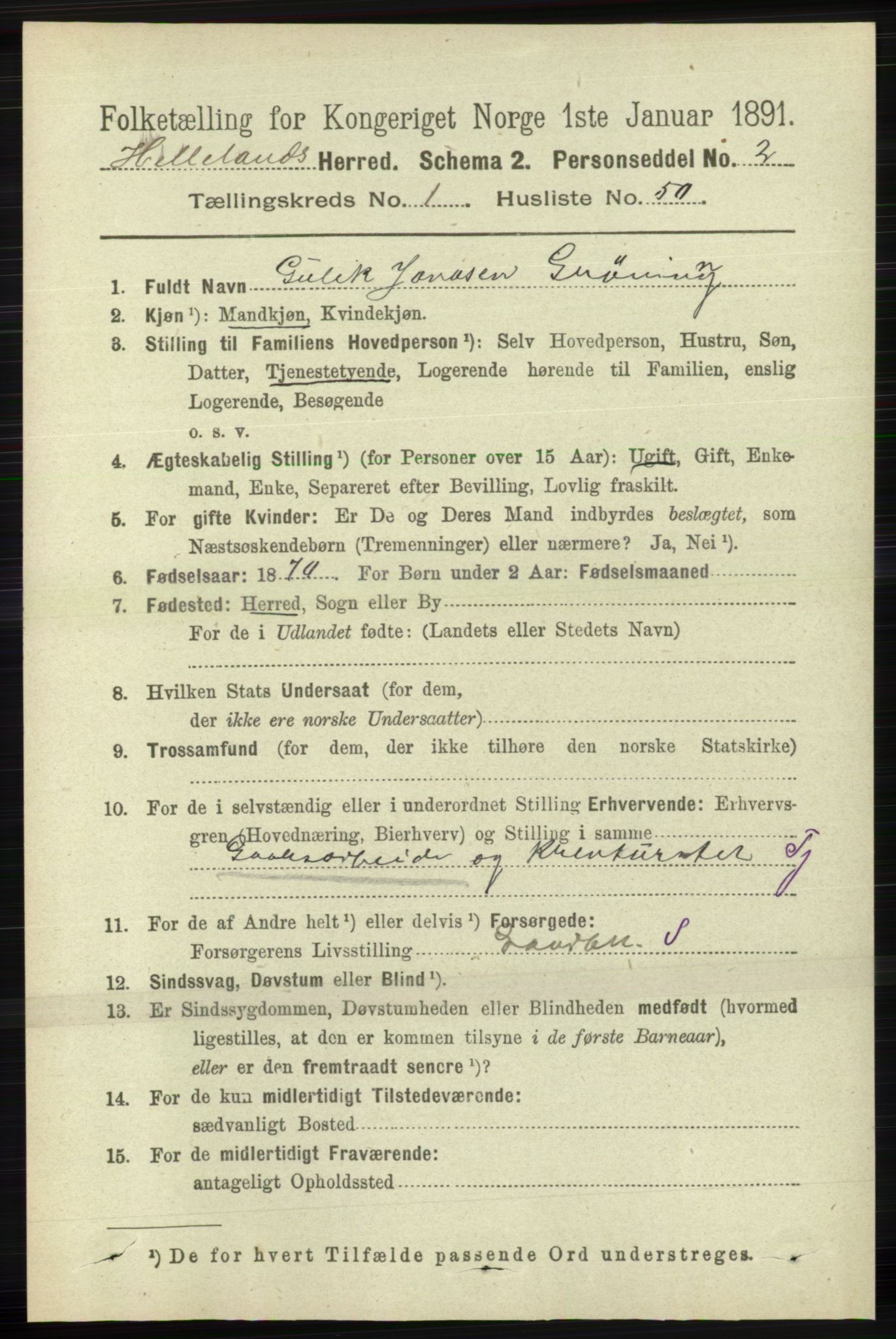 RA, 1891 census for 1115 Helleland, 1891, p. 361