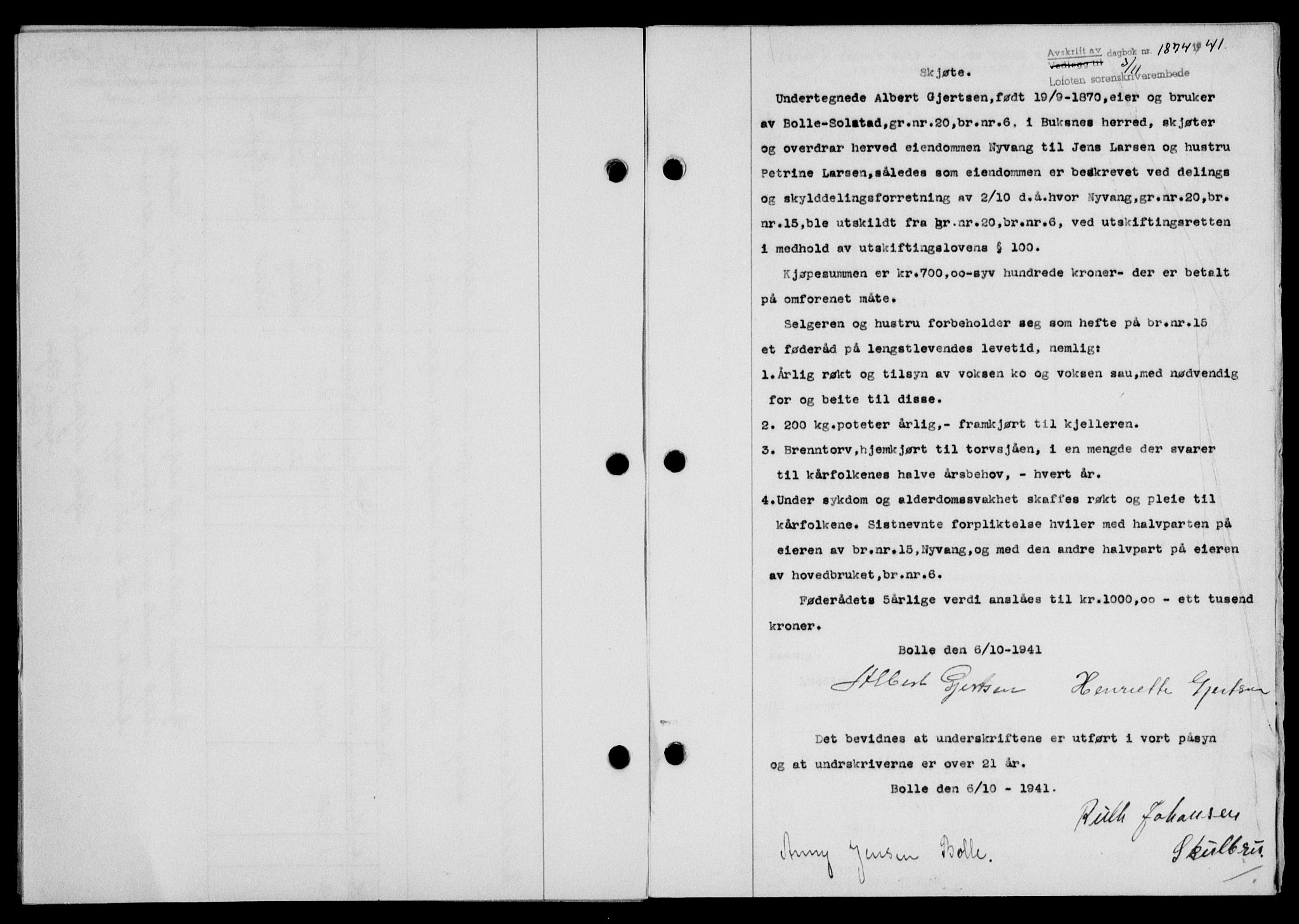 Lofoten sorenskriveri, SAT/A-0017/1/2/2C/L0009a: Mortgage book no. 9a, 1941-1942, Diary no: : 1874/1941