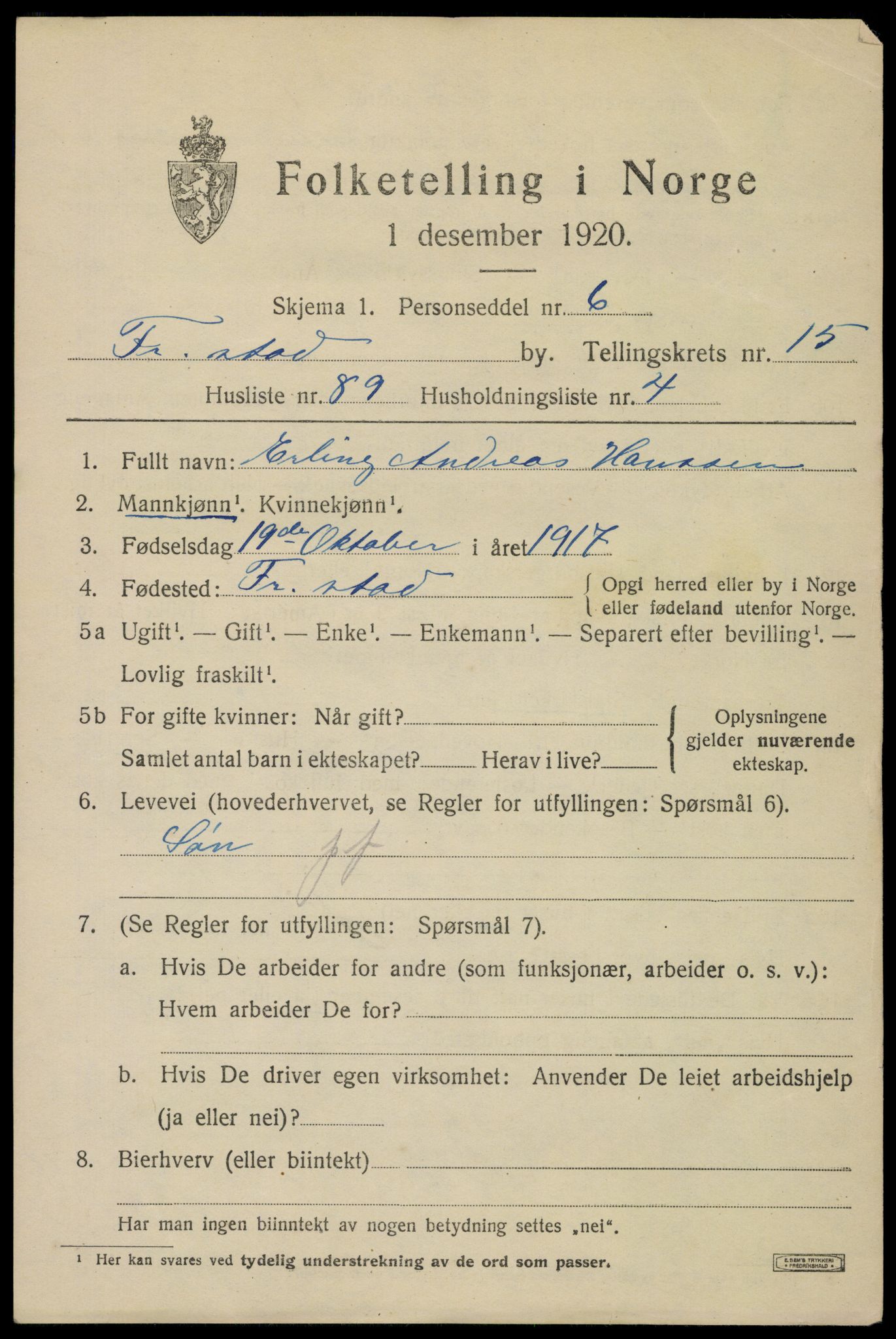 SAO, 1920 census for Fredrikstad, 1920, p. 37043