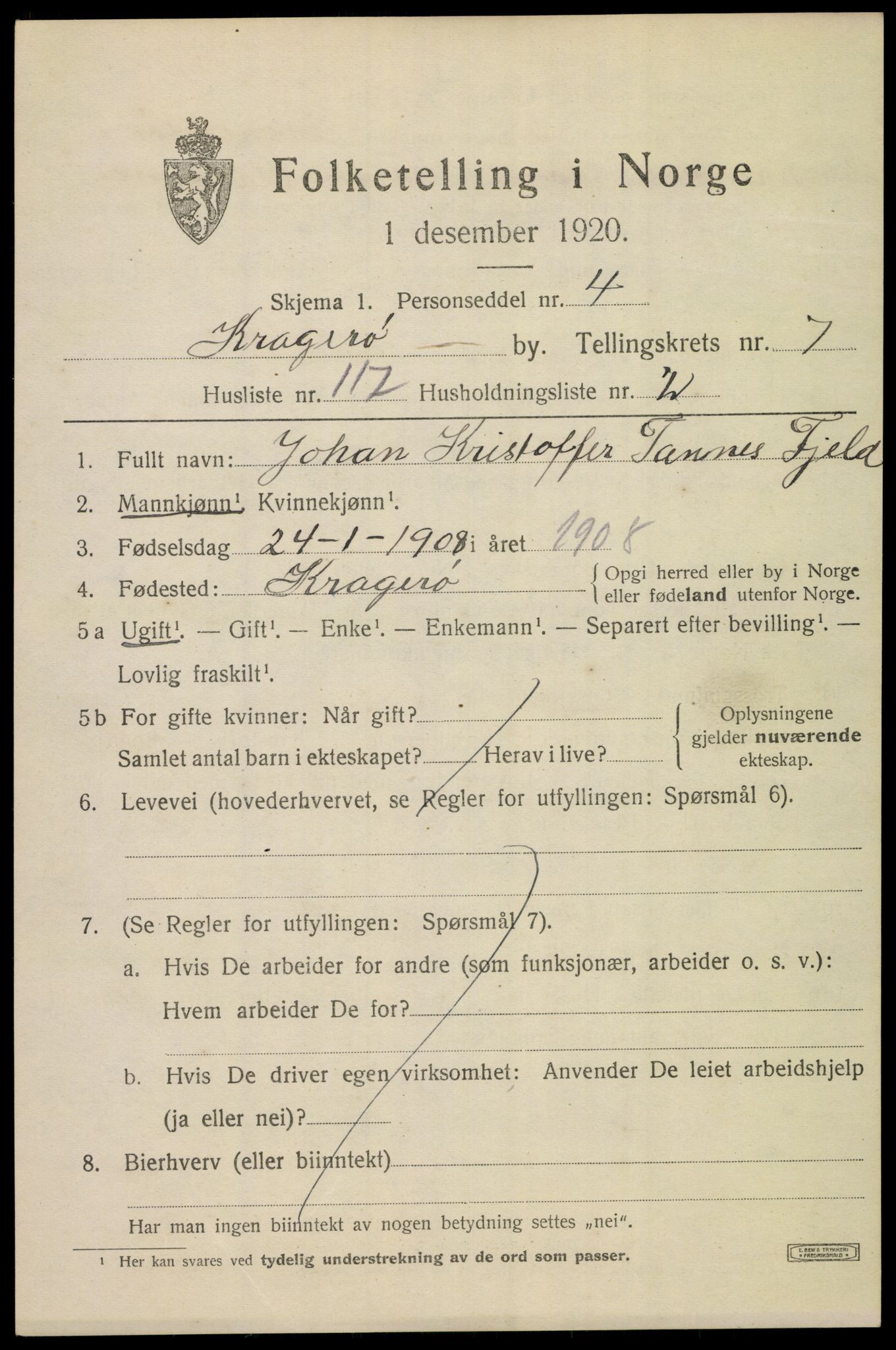 SAKO, 1920 census for Kragerø, 1920, p. 11037