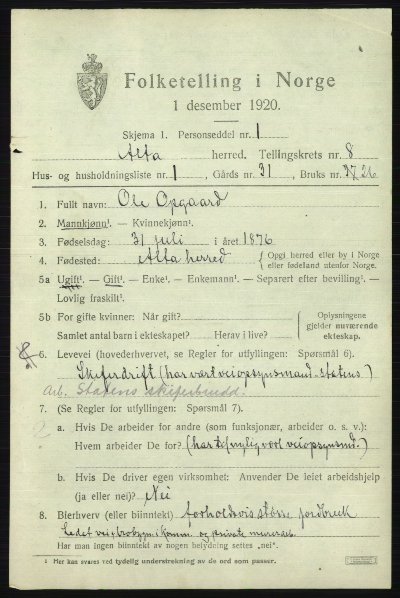 SATØ, 1920 census for Alta, 1920, p. 6047