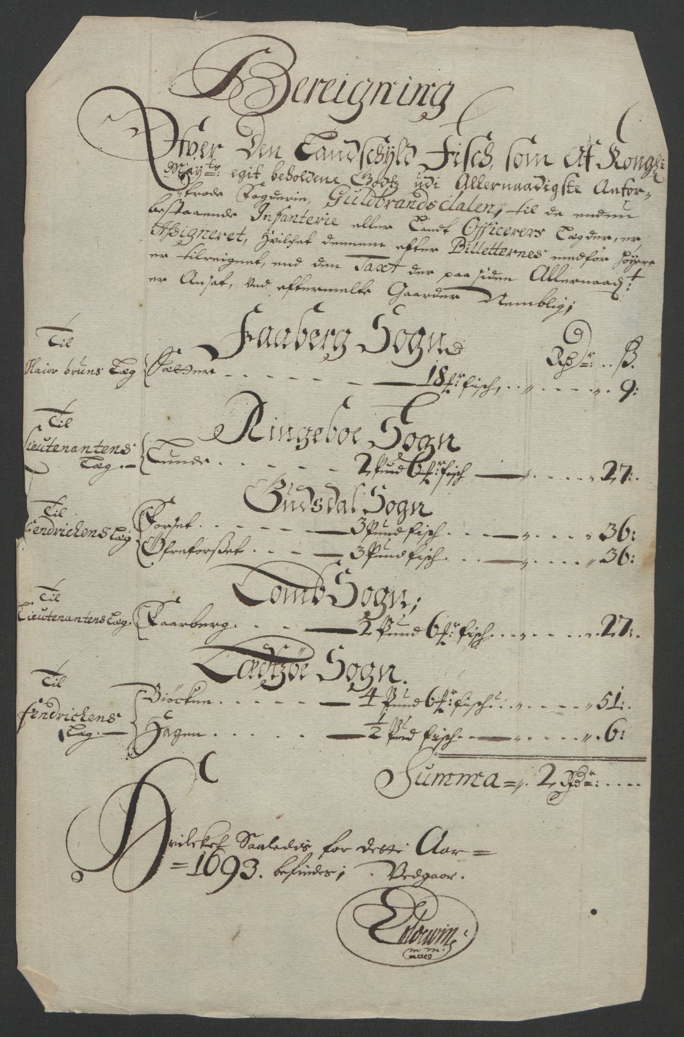 Rentekammeret inntil 1814, Reviderte regnskaper, Fogderegnskap, RA/EA-4092/R17/L1167: Fogderegnskap Gudbrandsdal, 1693, p. 285