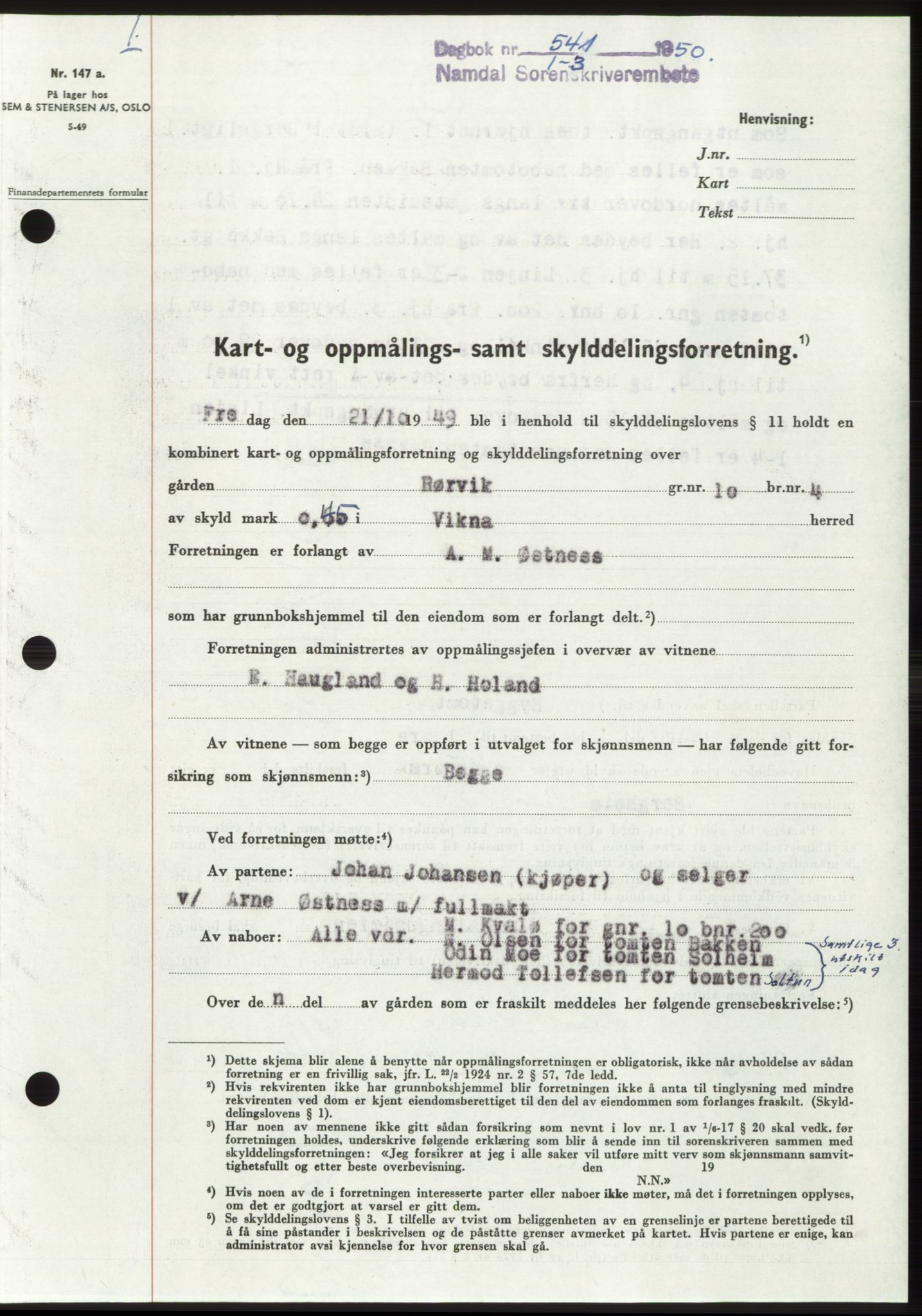 Namdal sorenskriveri, AV/SAT-A-4133/1/2/2C: Mortgage book no. -, 1950-1950, Diary no: : 541/1950
