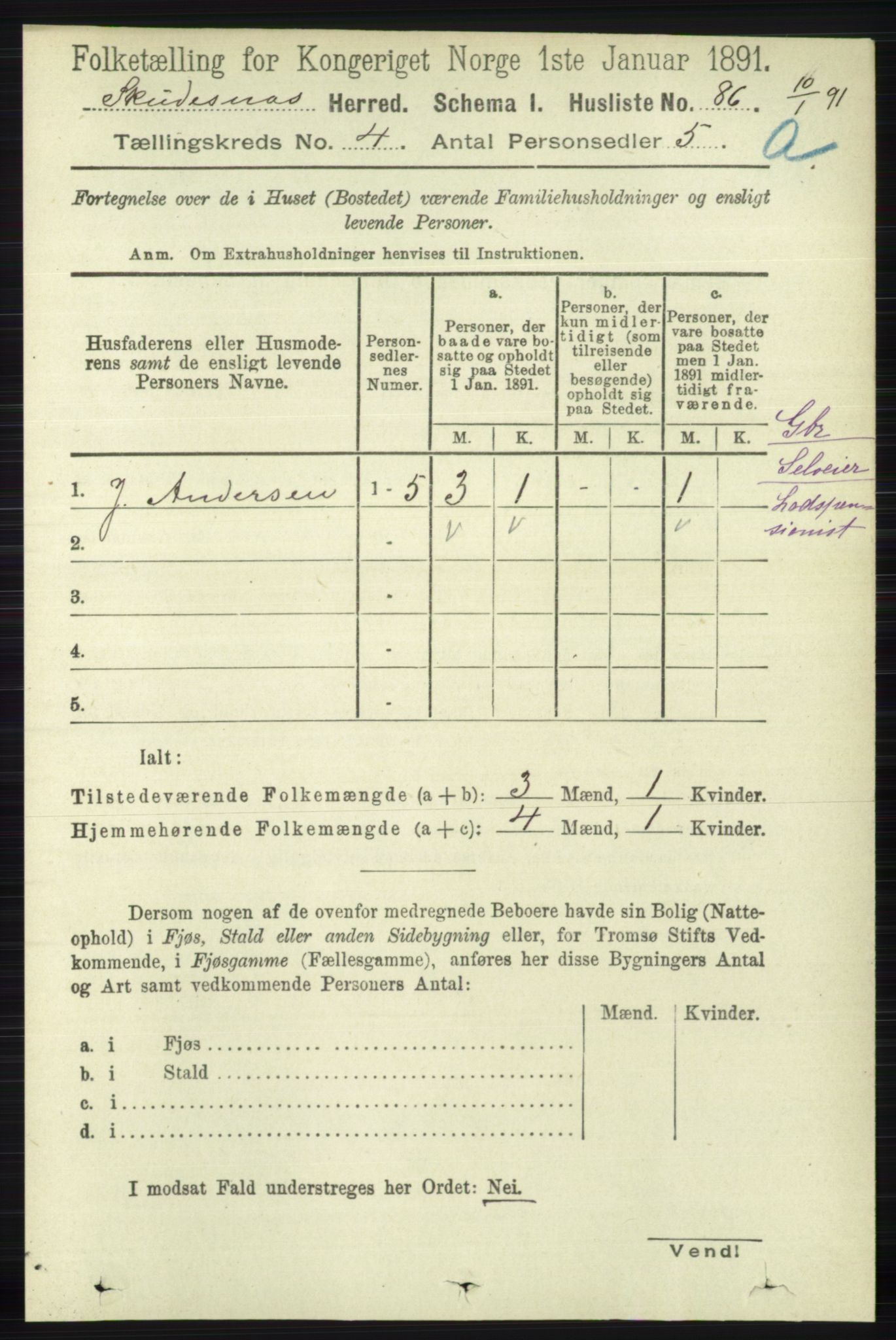 RA, 1891 census for 1150 Skudenes, 1891, p. 1858