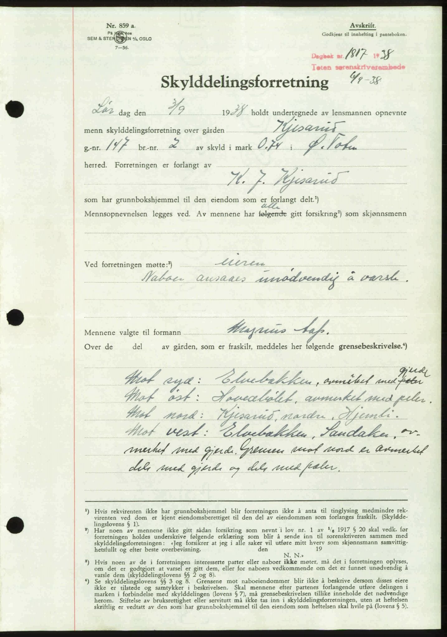 Toten tingrett, SAH/TING-006/H/Hb/Hbc/L0004: Mortgage book no. Hbc-04, 1938-1938, Diary no: : 1817/1938