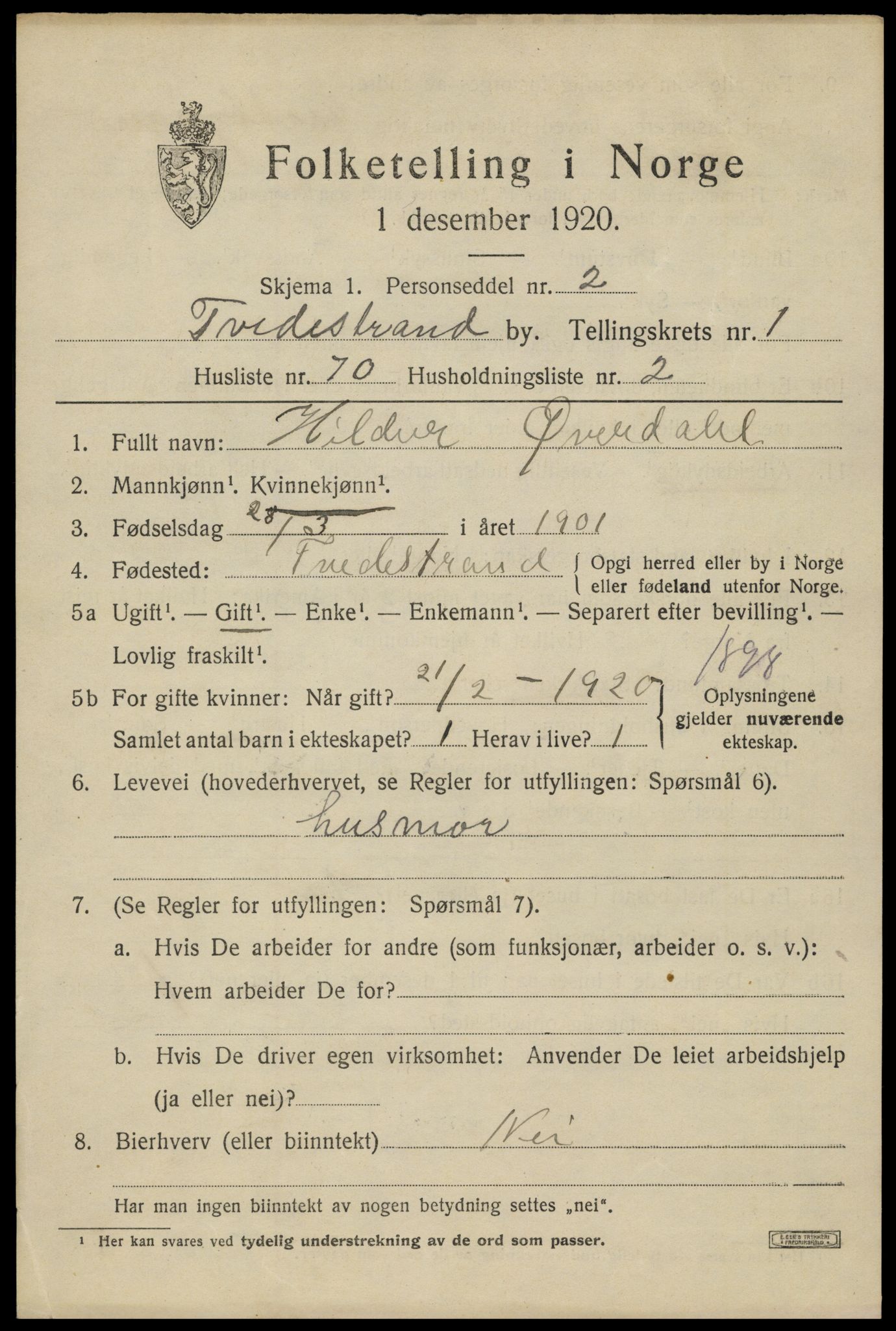 SAK, 1920 census for Tvedestrand, 1920, p. 2111