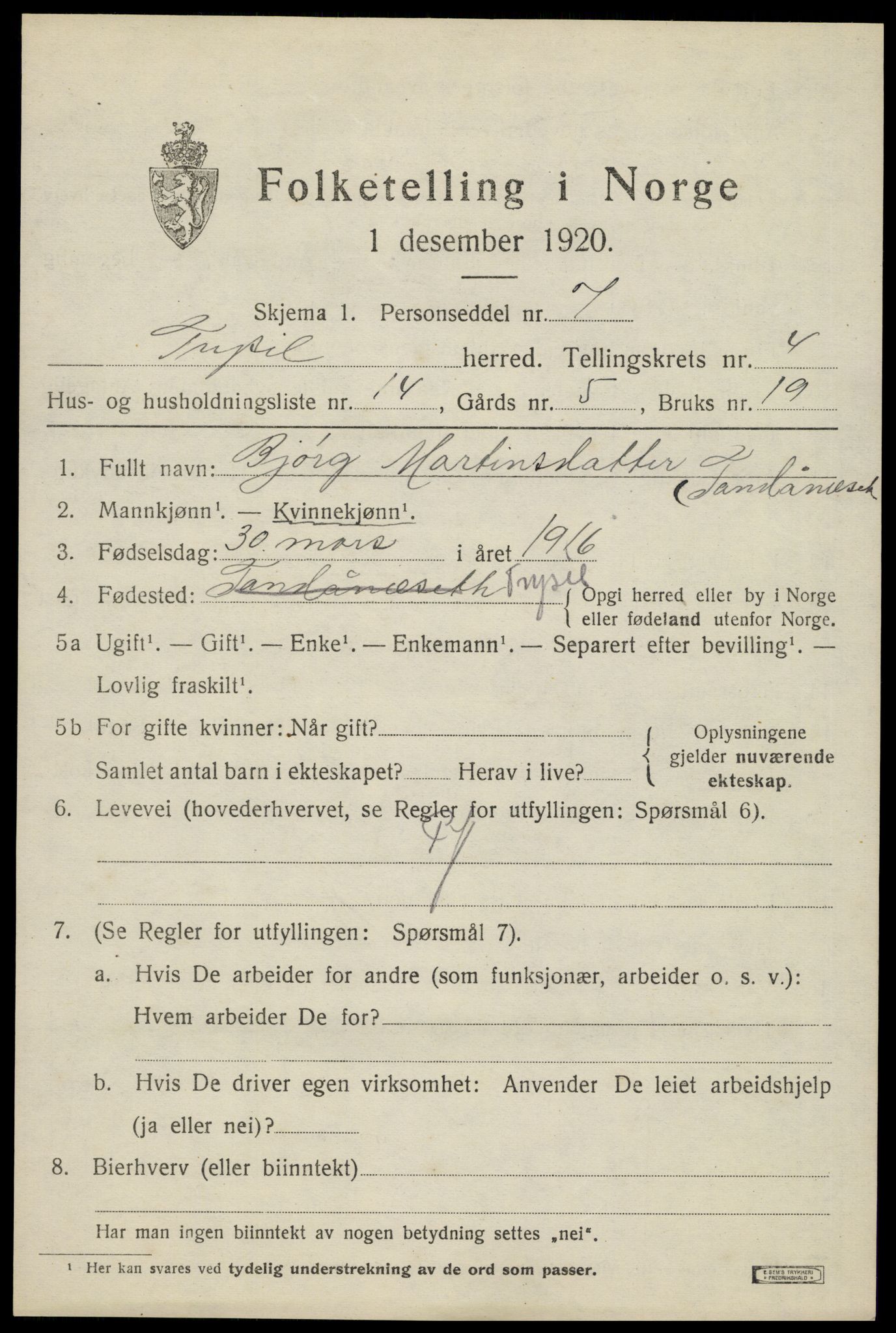 SAH, 1920 census for Trysil, 1920, p. 4275
