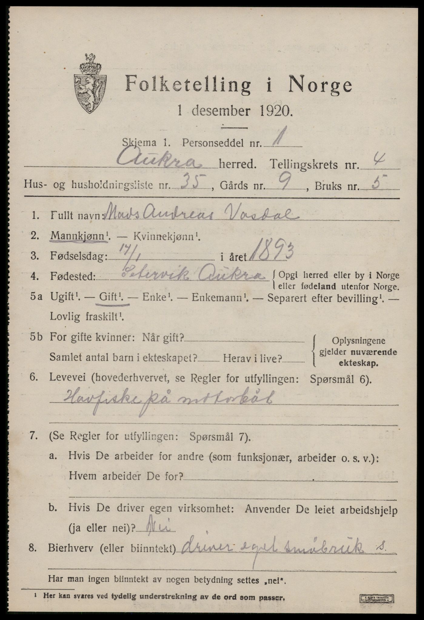 SAT, 1920 census for Aukra, 1920, p. 3189