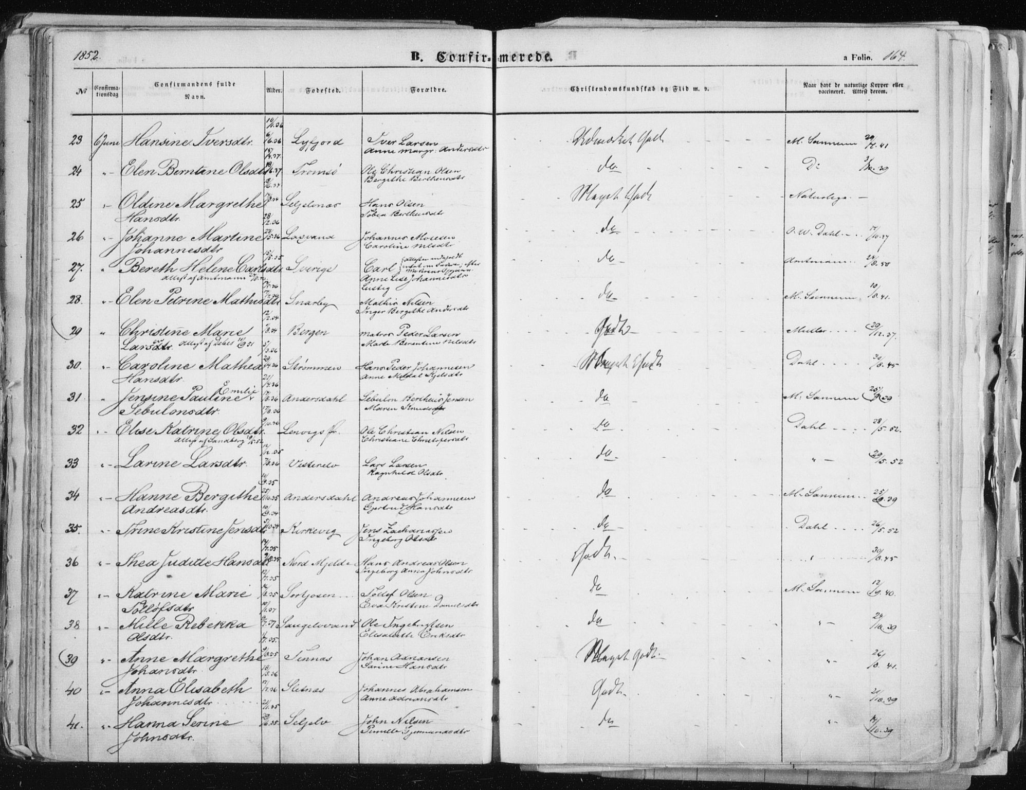 Tromsø sokneprestkontor/stiftsprosti/domprosti, AV/SATØ-S-1343/G/Ga/L0010kirke: Parish register (official) no. 10, 1848-1855, p. 164