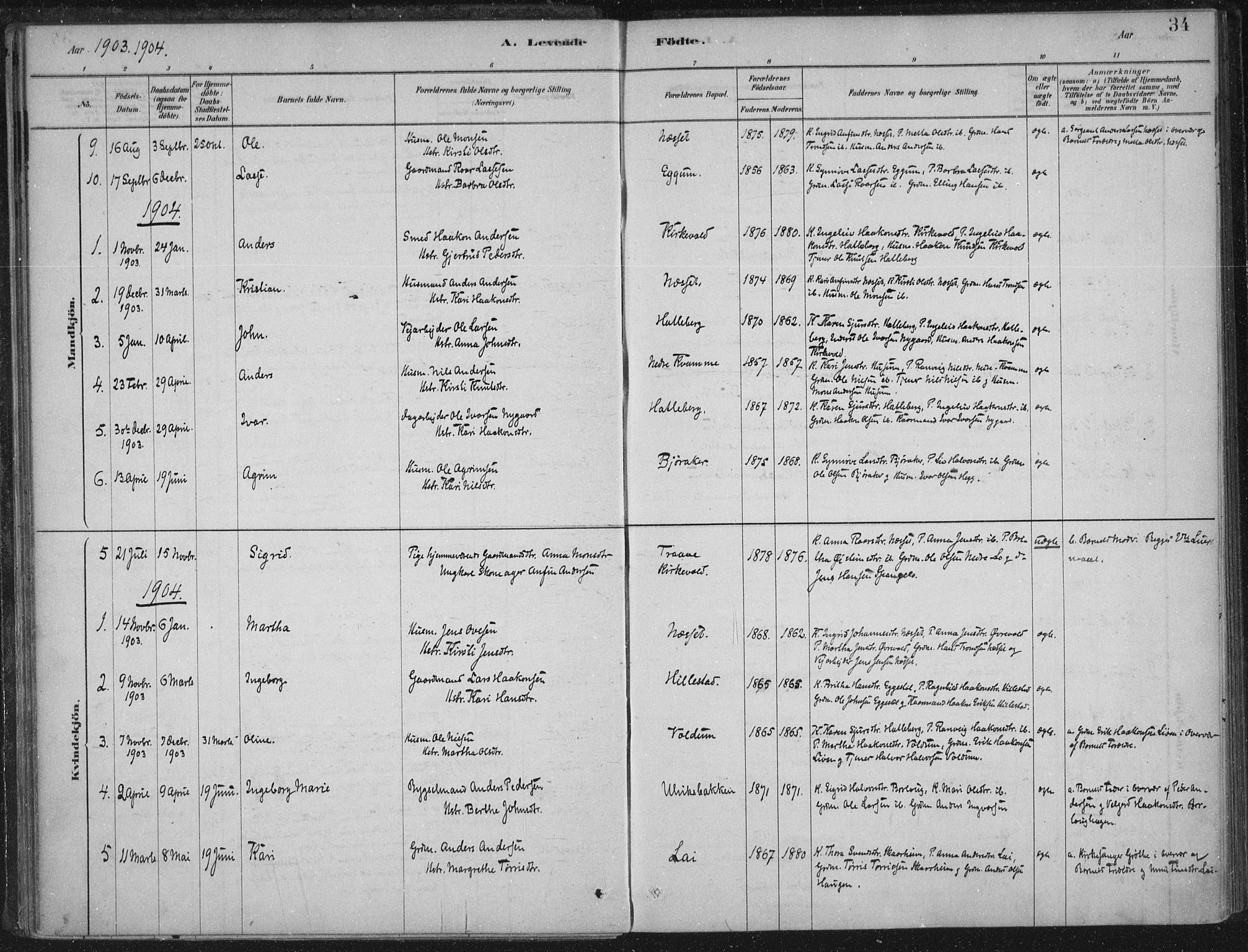 Lærdal sokneprestembete, SAB/A-81201: Parish register (official) no. C  1, 1878-1911, p. 34