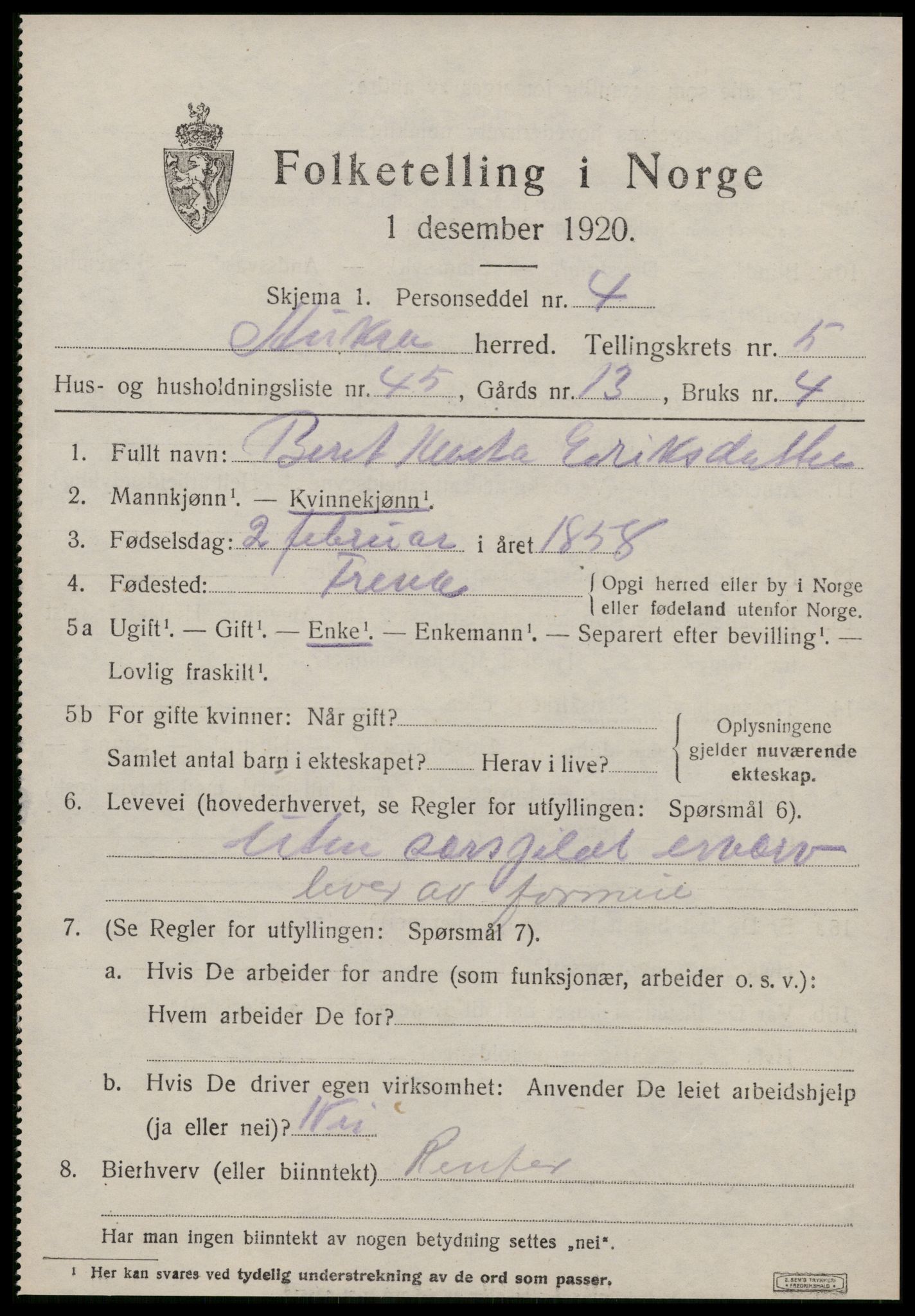 SAT, 1920 census for Aukra, 1920, p. 3875