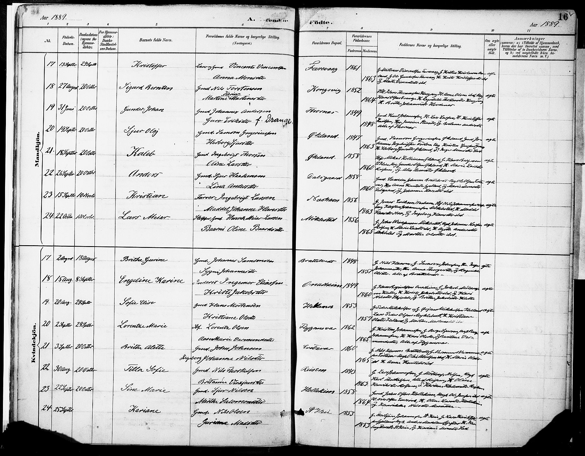 Tysnes sokneprestembete, SAB/A-78601/H/Haa: Parish register (official) no. D 1, 1887-1904, p. 16