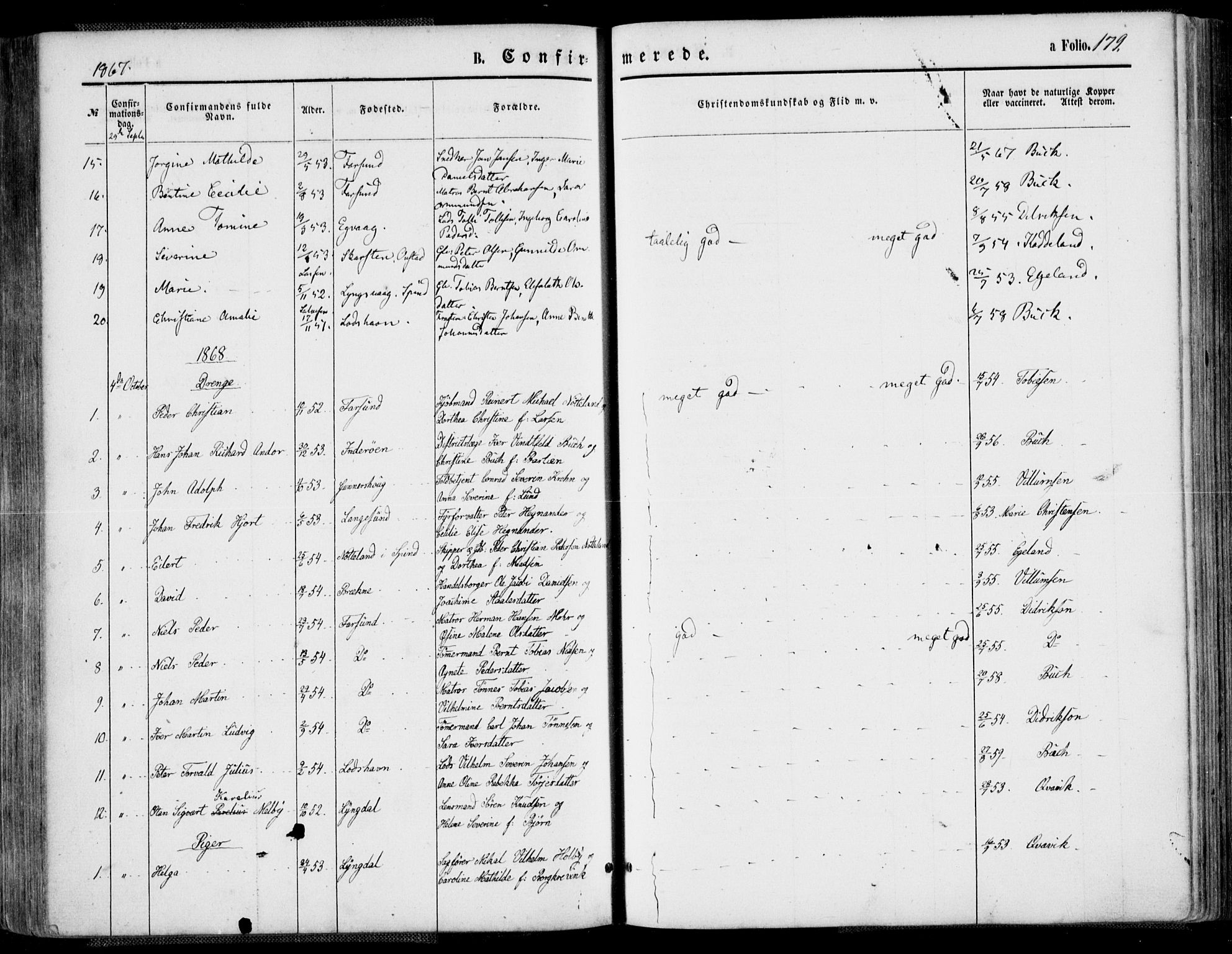 Farsund sokneprestkontor, AV/SAK-1111-0009/F/Fa/L0005: Parish register (official) no. A 5, 1863-1886, p. 179