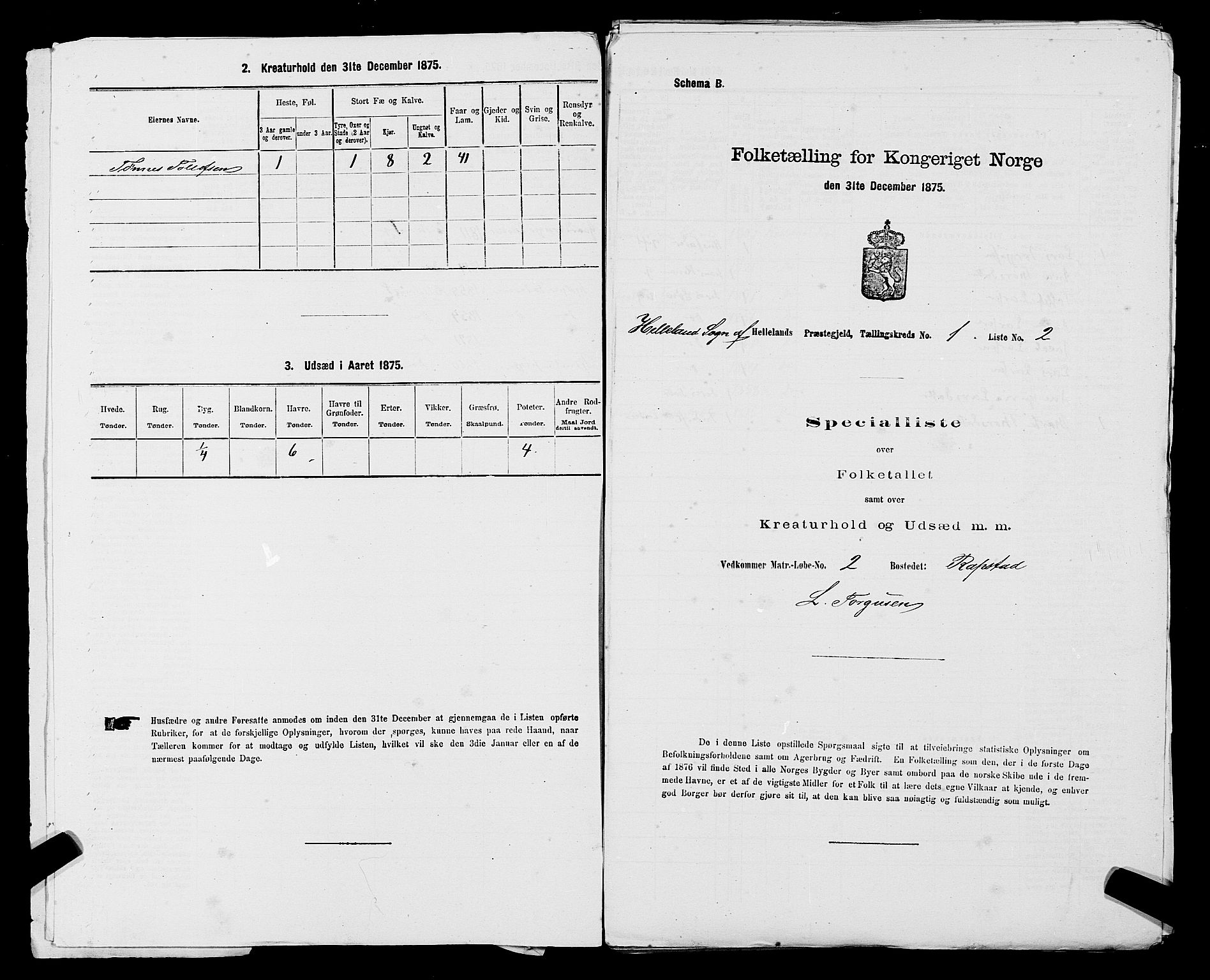 SAST, 1875 census for 1115P Helleland, 1875, p. 65