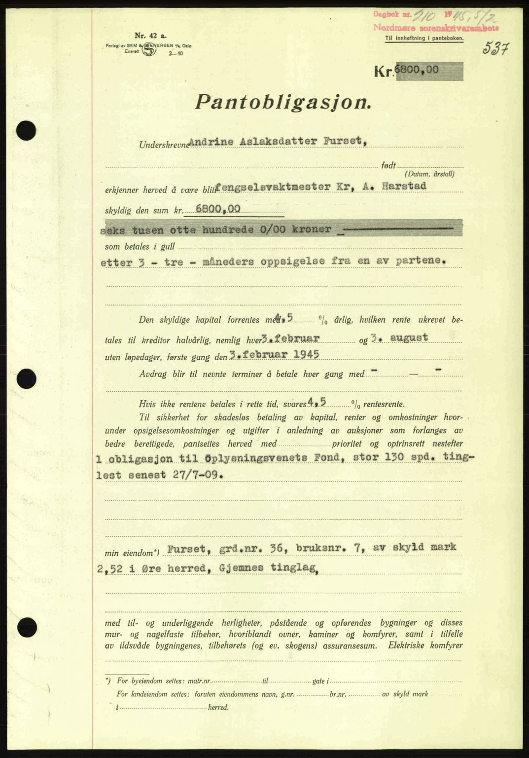 Nordmøre sorenskriveri, AV/SAT-A-4132/1/2/2Ca: Mortgage book no. B92, 1944-1945, Diary no: : 210/1945