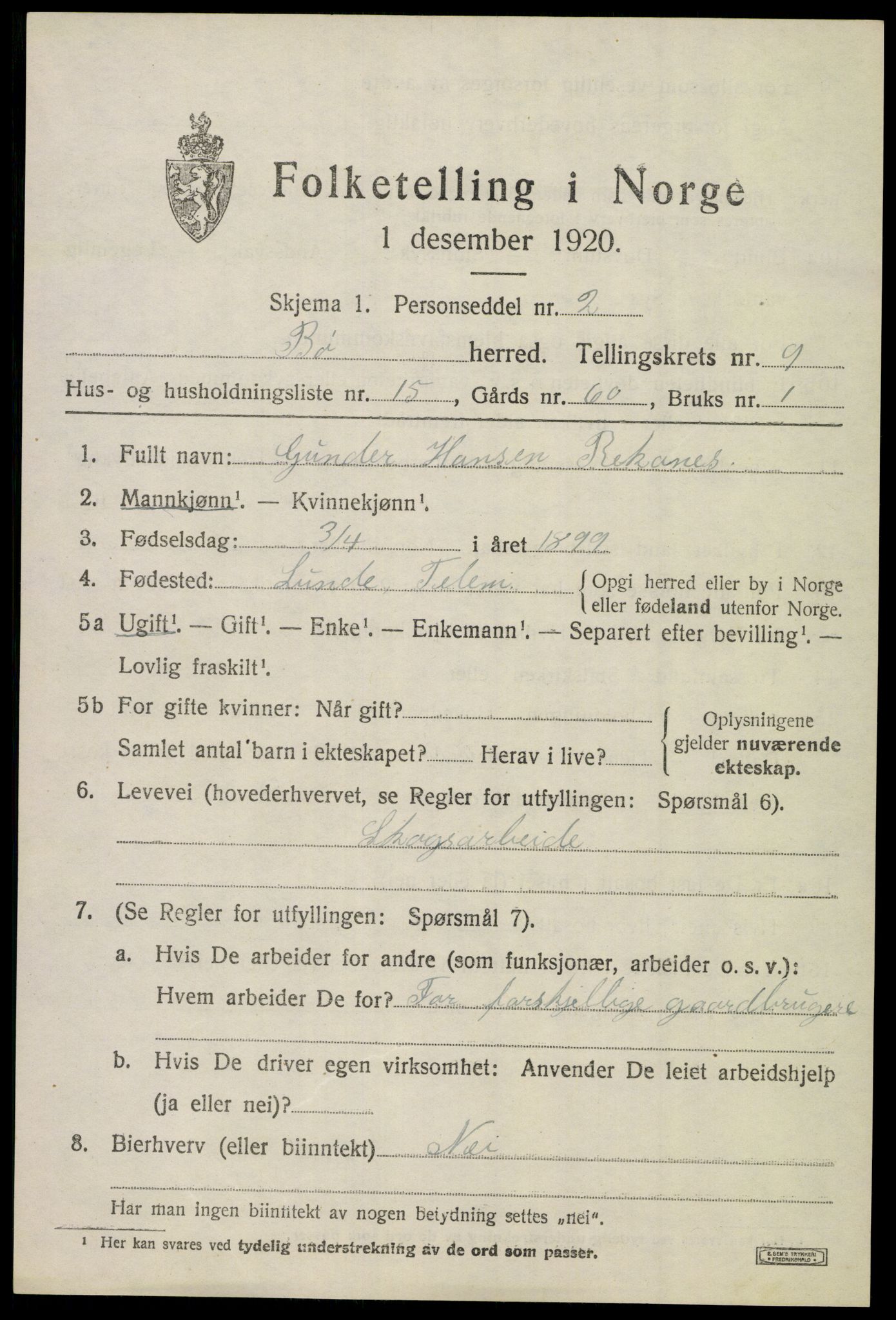 SAKO, 1920 census for Bø (Telemark), 1920, p. 6562