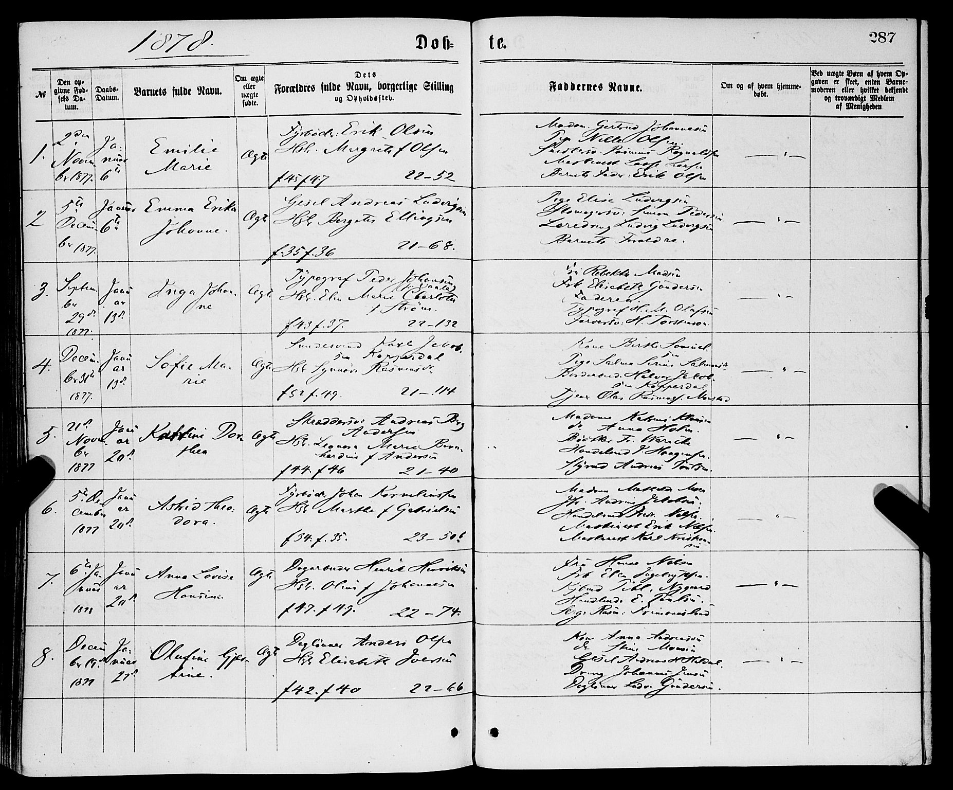 Korskirken sokneprestembete, AV/SAB-A-76101/H/Haa/L0020: Parish register (official) no. B 6, 1871-1878, p. 287